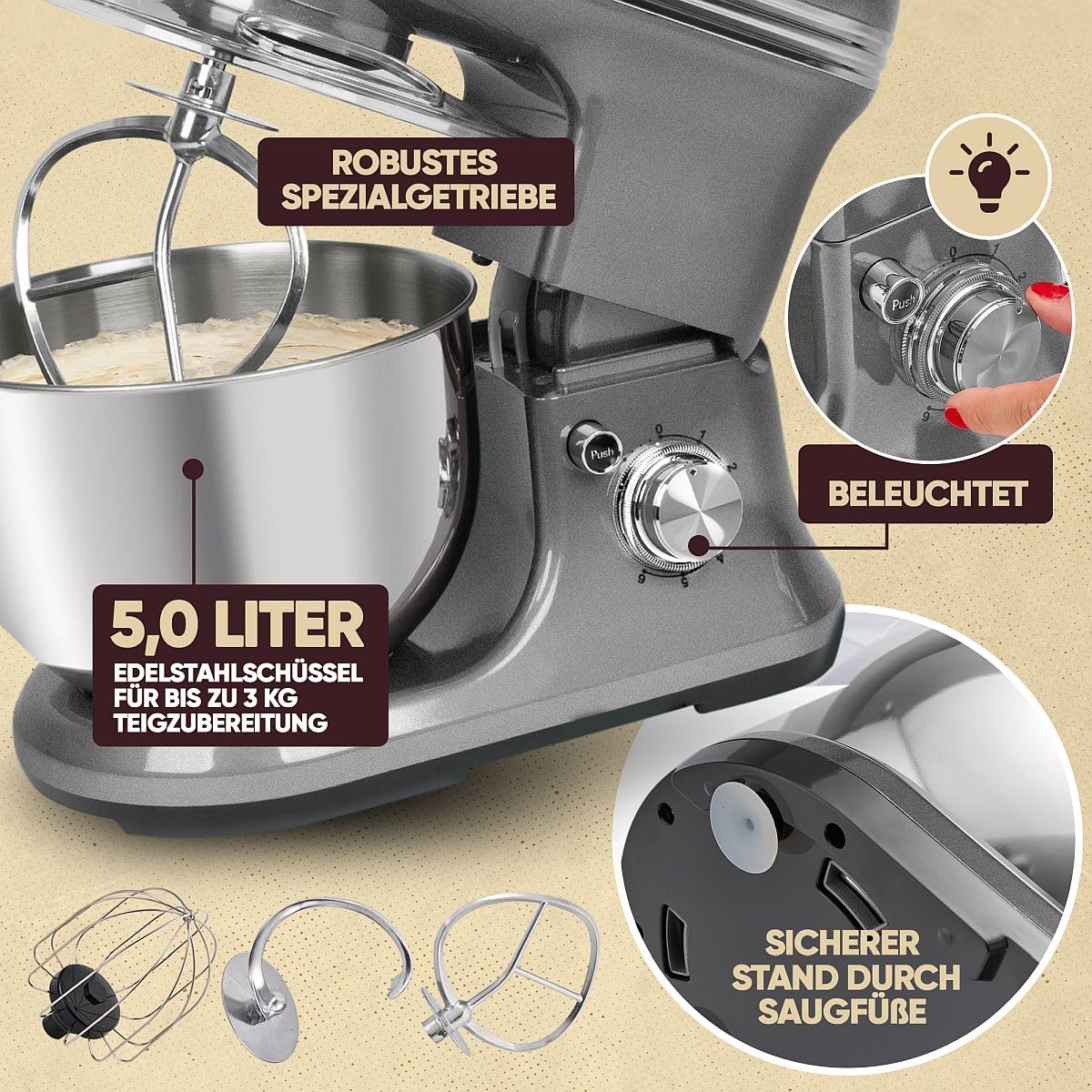 ProfiCook® Küchenmaschine zum backen | Knetmaschine 5L mit starkem 1200W Motor | Teigmaschine inkl. Haken & Schneebesen | Retro Teigknetmaschine Spritzschutz mit Nachfüllöffnung | PC KM 1197 anthrazit