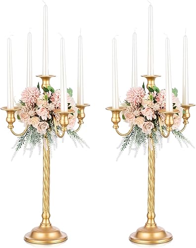 Romadedi Candelabro Dorado Portavelas Soporte de Vela de 21 Pulgadas de Alto con 5 Ramas para Centro de Mesa de Boda, Decoración de Fiestas de