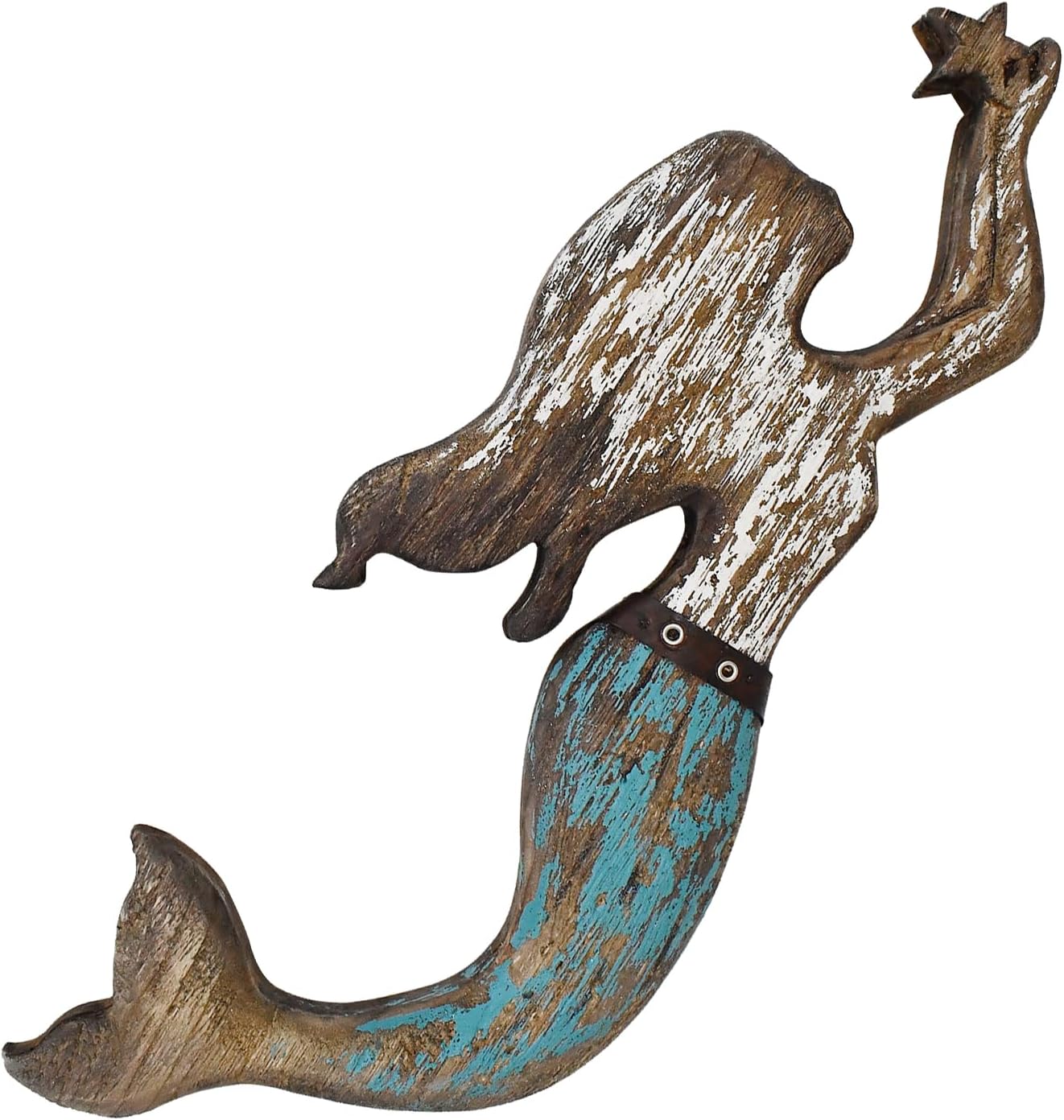 Aecipl Nautical Decor Wood Hanging Mermaid Wall Art Coastal Decorations Distressed Mermaid Sculpture Indoor Outdoor Ocean Beach Themed Decor for Bathroom Patio Swimming Pool (Blue, 17 x 6.5)