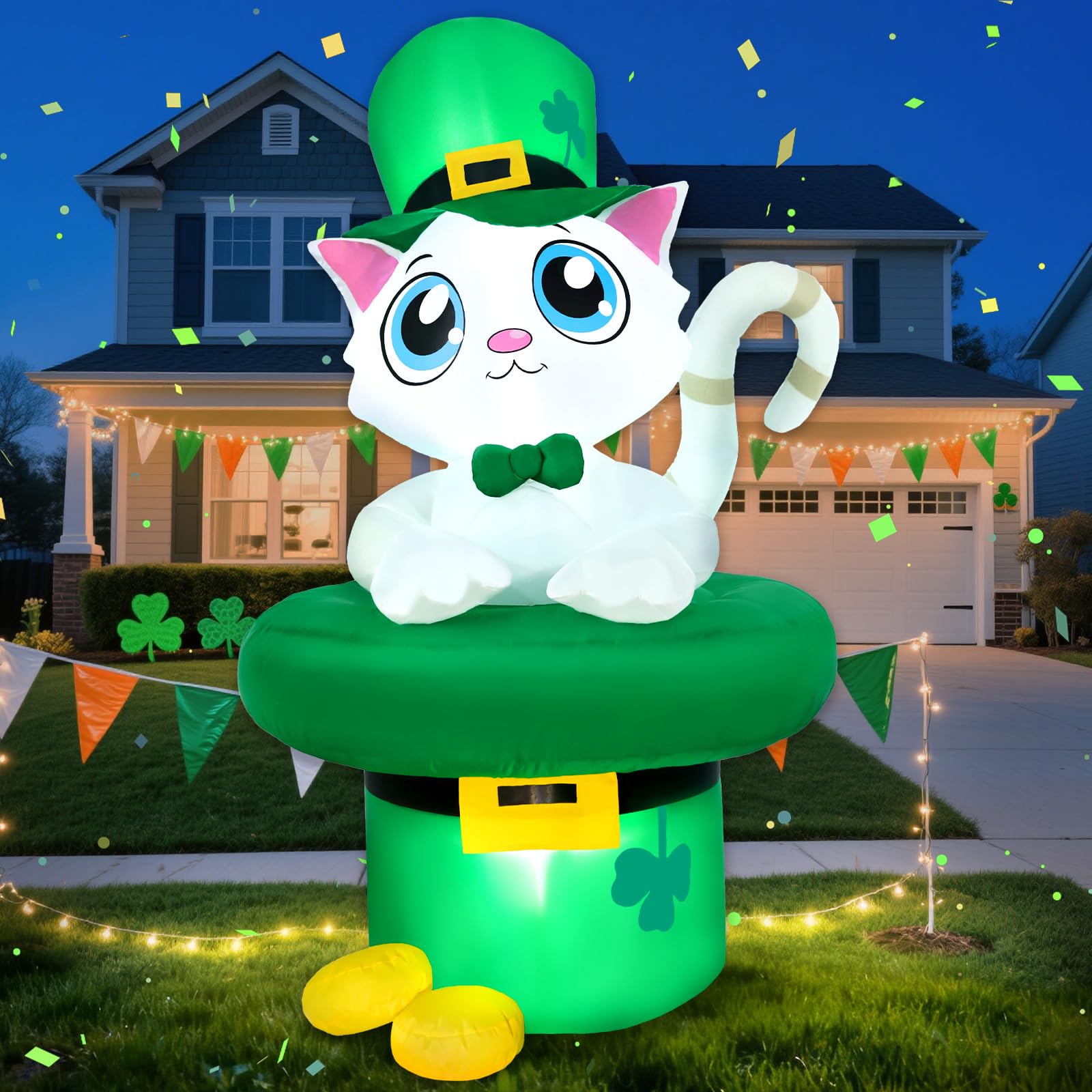 5.3 FT St Patricks Day Inflatable Outdoor Decorations, Blow Up St. Patrick’s Day Cat Sitting in a Hat with Gold Coins Yard Decor, Built-in LED Lights