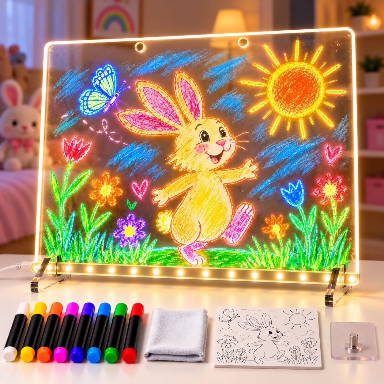 Lavagna LED da Disegno per Bambini, 35 × 25 cm Lavagna Luminosa con 12 Effetti di Luce, 8 Pennarelli Colorati & Libro di Modelli, Lavagna Neon Cancellabile da Tavolo o Parete, Regalo Bambini & Ragazzi