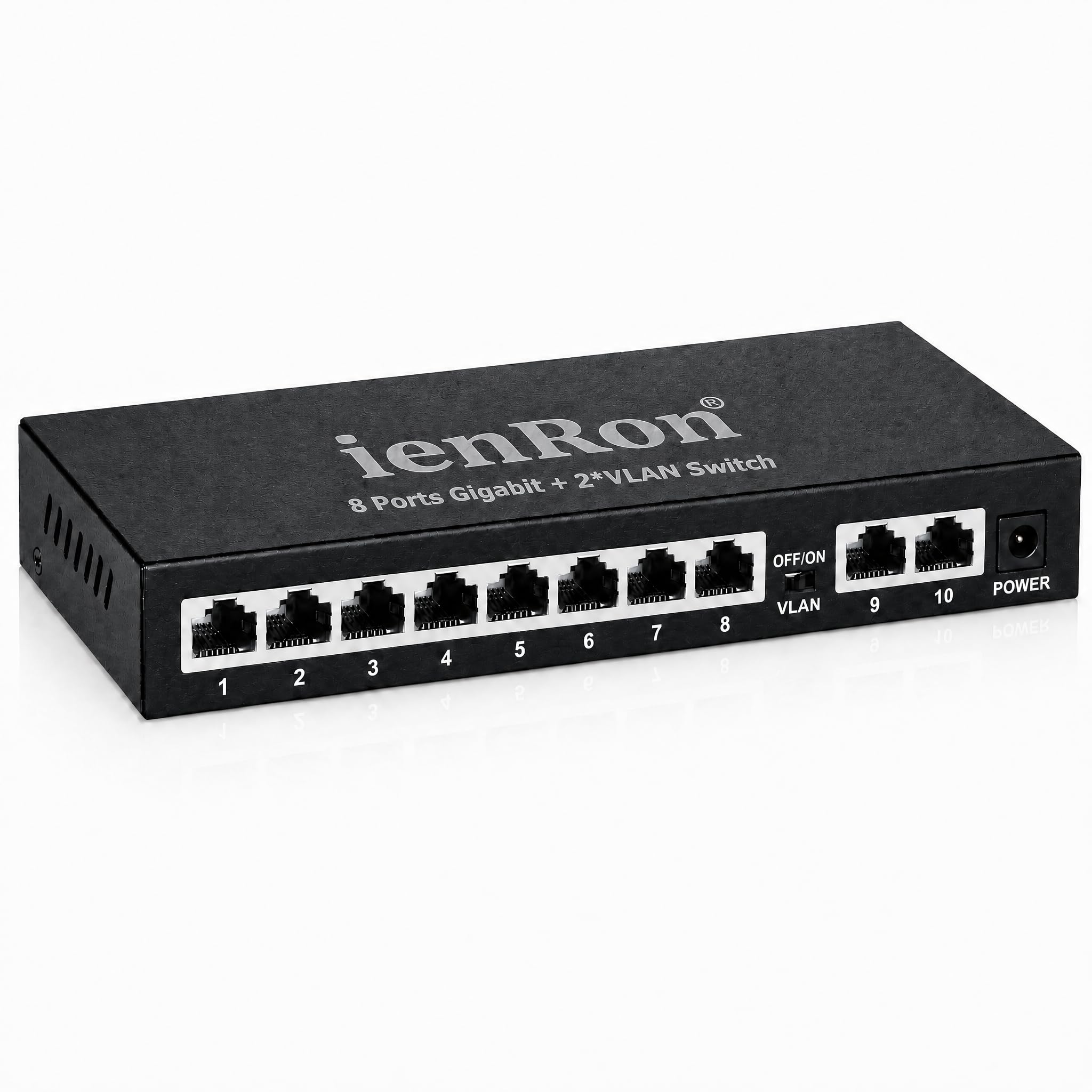 10 Port Gigabit Ethernet Switch, 8 Port Gigabit + 2 Uplink Ports, Unmanaged Network Switch with AI VLAN Detection, Plug &amp; Play, Fanless Metal Design ,4KV Lightning Protection for Home &amp; Office