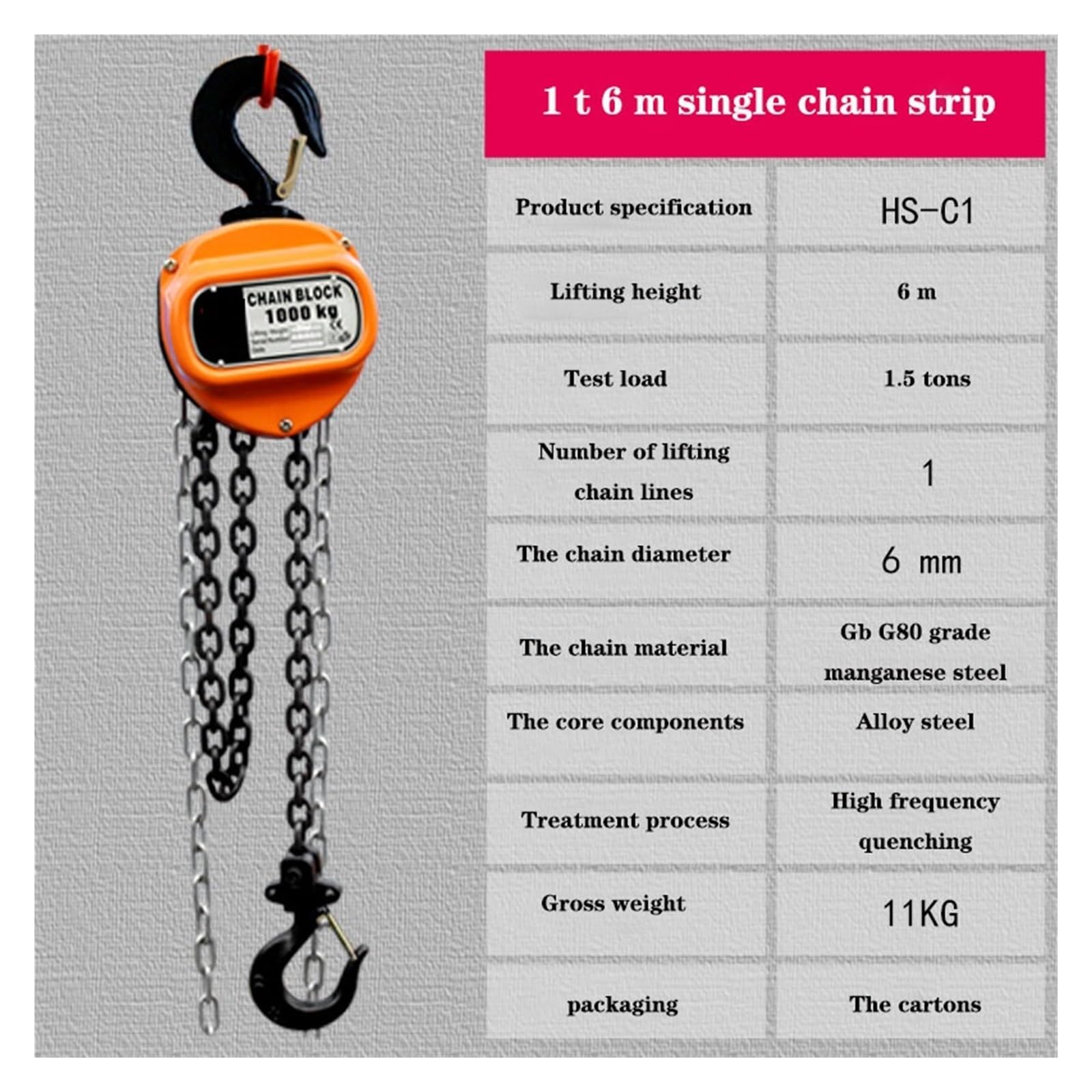 Lever Chain Hoist, Kettenzug, 1–1,5 Tonnen, G80-Kette, 3/6 m Hub, manueller Hebelblock | 1t 6m