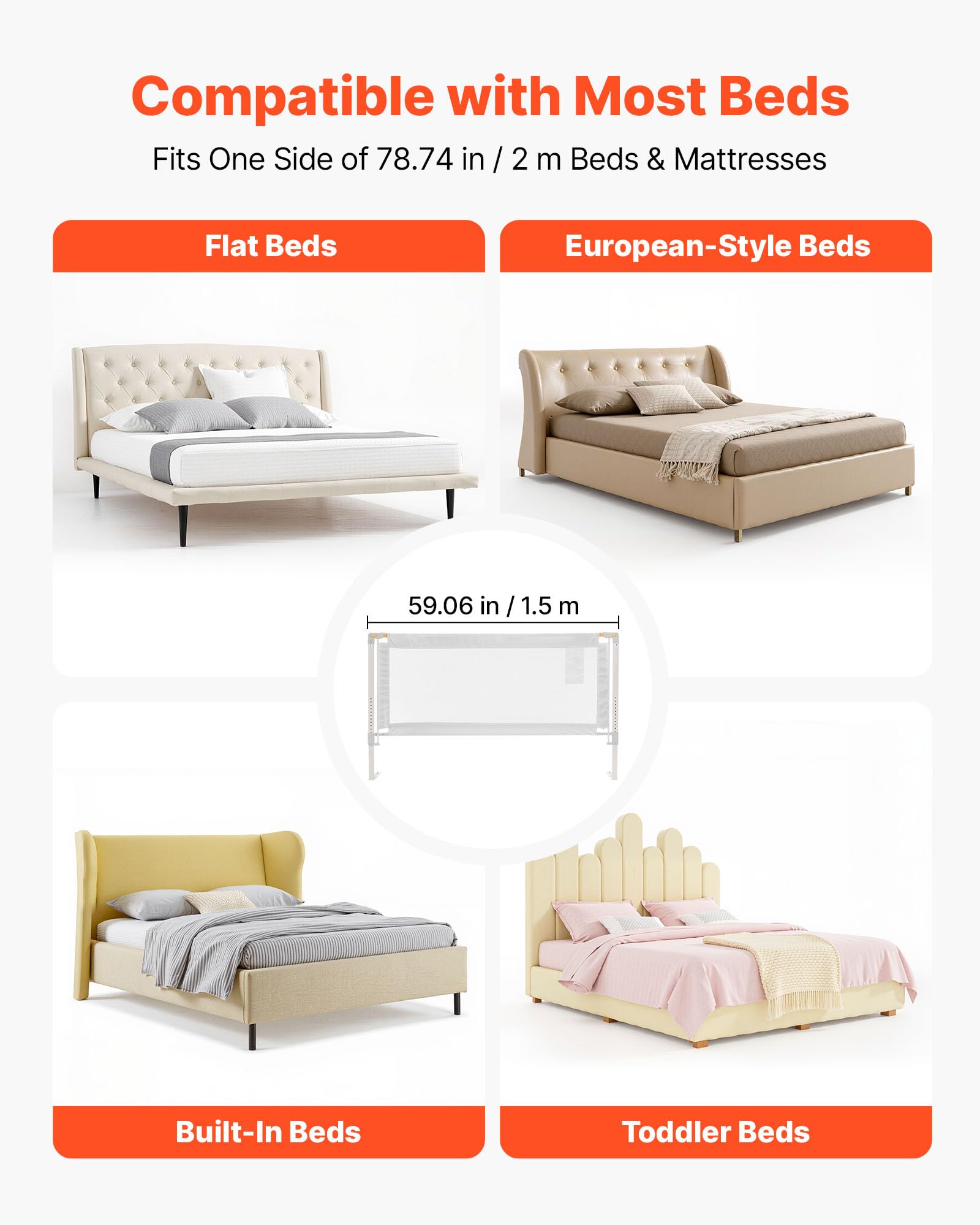 VEVOR Sponda per Letto per Bambini Lunghezza 1,5 m, Barriera Protettiva per Letto per Bambini Neonati con Tubo di Ferro Rinforzato, Tessuto Oxford, Altezza Regolabile 68-89 cm, Barriera per Letto
