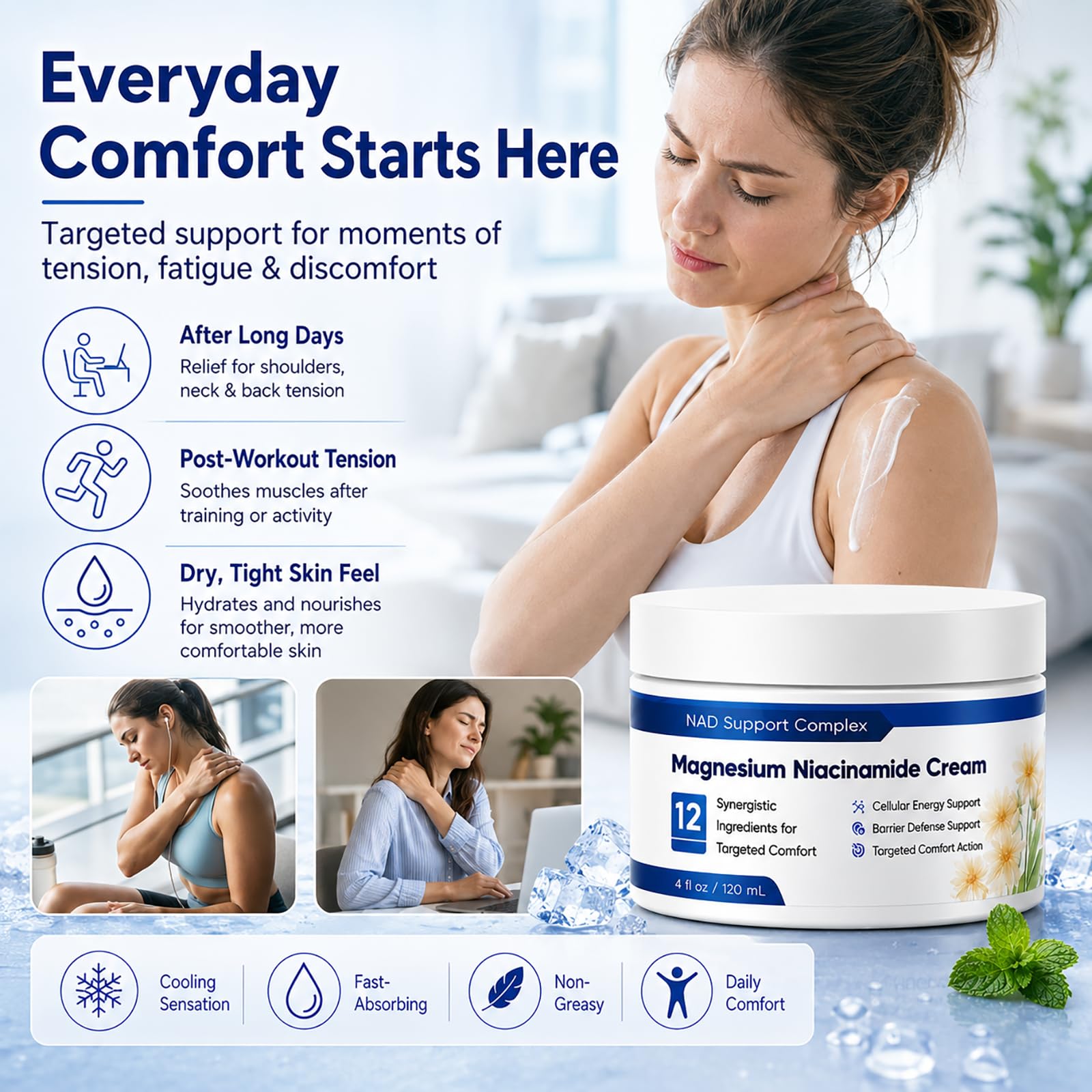Magnesium Niacinamide Relief Cream -Fast Acting Cooling Formula, 12 Ingredients for Muscles, Joints, Neck, Low Back, Knee, Foot, Fast Absorbing, Non-Greasy Formula, 4 oz (1) — Amazon image 6