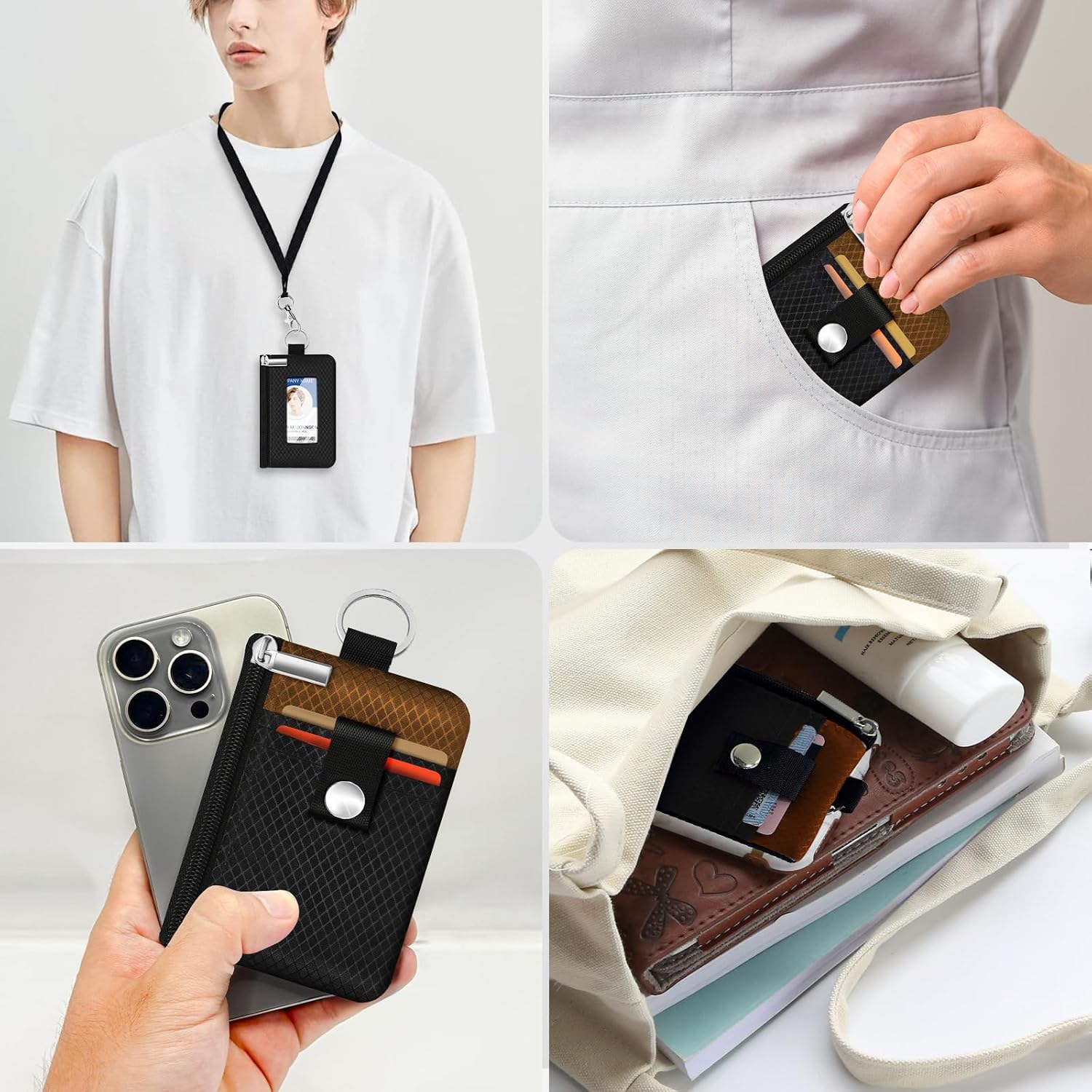 Minimalist RFID Blocking Small Wallet with ID Window,WaterResistant Zip Id Case Wallet with Lanyard Keychain for Cards,Cash,Travel,Women,Men (Black/Brown)