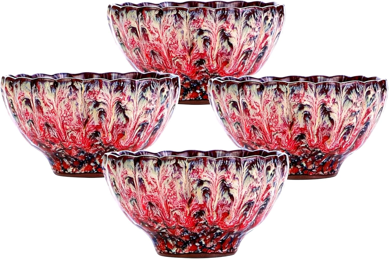4 Pcs Handcrafted Chinese Tea Cups - Pink Glaze Jianzhan Tenmoku Tea Cup - 4 oz Petal Shaped Ceramic Cup with Silver Accessories Inlay, Ideal for Kungfu Tea Ceremony, Home Decor & Collection Gift