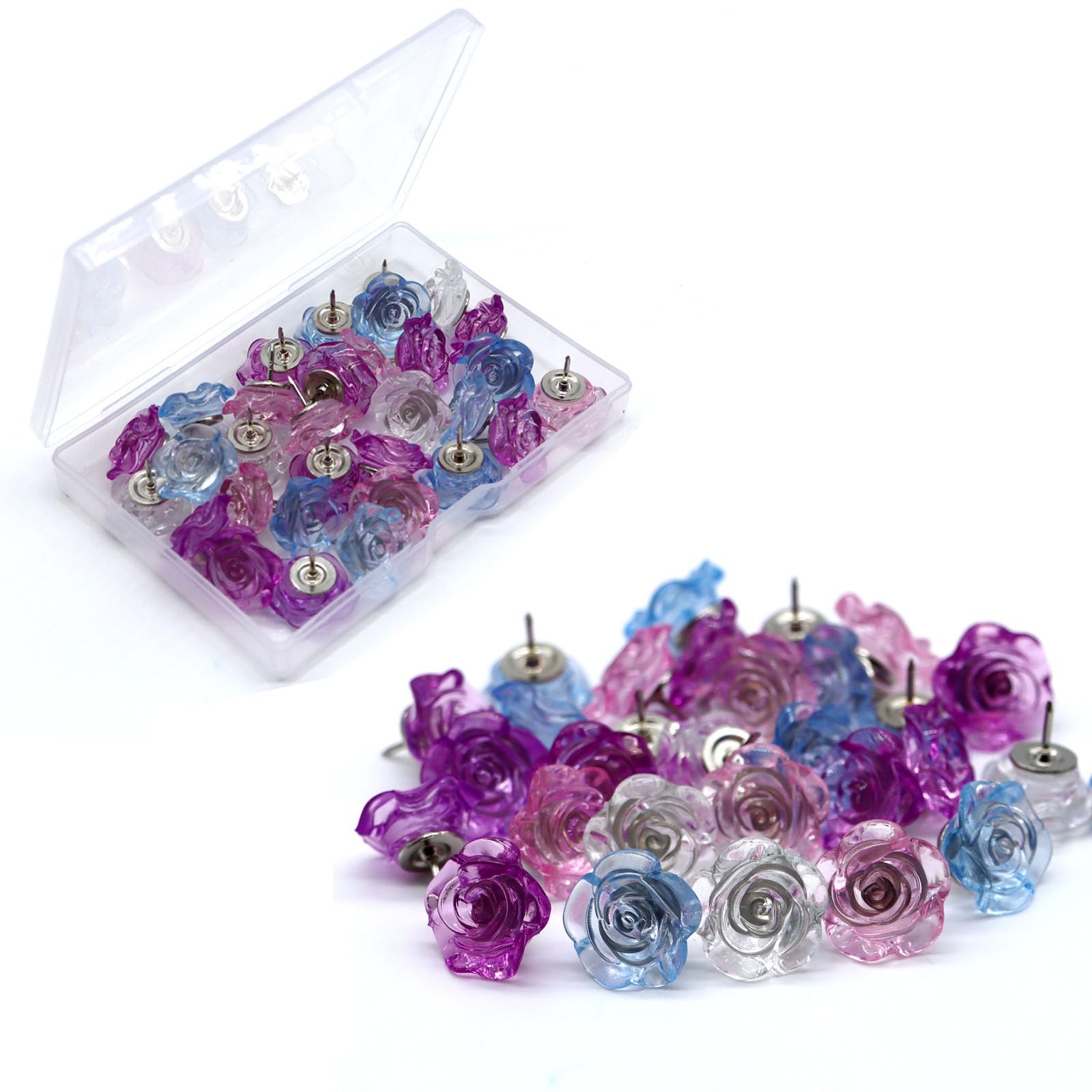 Niedliche Rosen-Pinnnadeln,30 Stück Blume Dekorative Pinnnadeln für Korktafel,Lila,Rosa,Blau Reißnägel für Wand,Pinnwand,Reisekarte oder Foto,Blumennägel,Heimbürobedarf,Zubehör