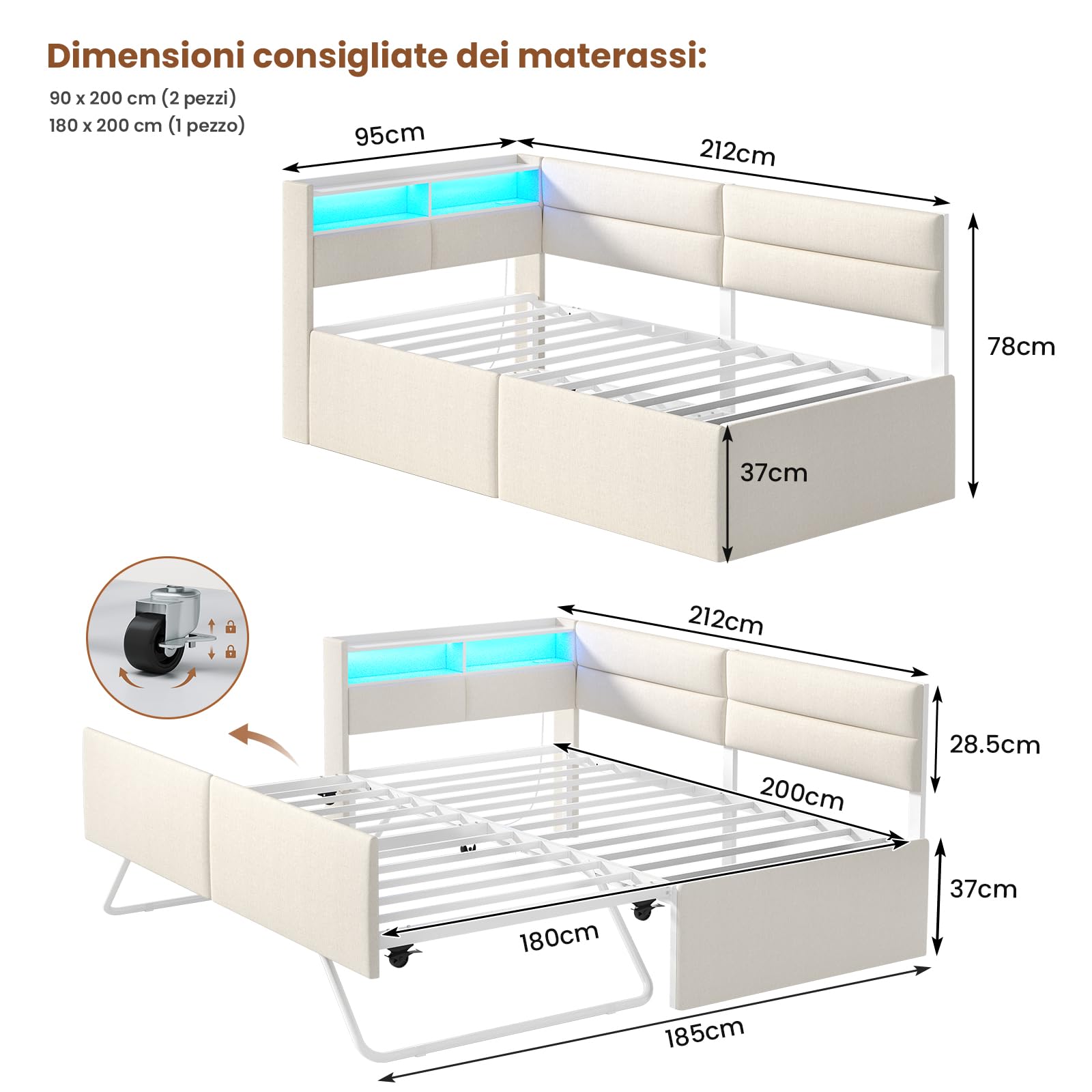 AOGLLATI Divano Letto 2 Posti 90/180x200 cm, Letto Estraibile con Illuminazione a LED Regolabile e Stazione di Ricarica, Divano Letto Matrimoniale con Tapizado Integral e Ripiani Aperti, Beige