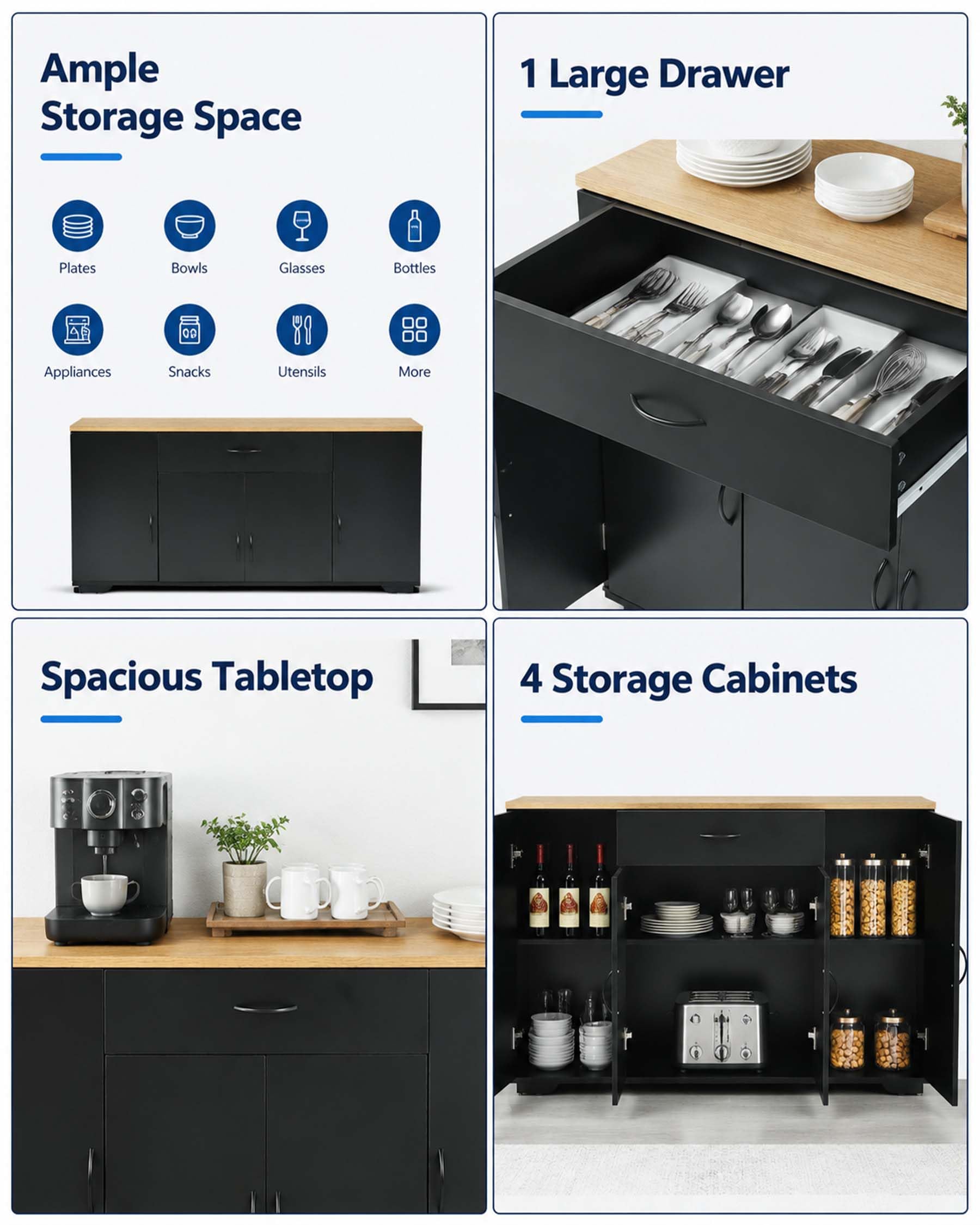 hitsuki Armoire de cuisine avec plan de travail, commode de cuisine, noire, 110 x 30 x 70 cm, avec tiroir et 4 portes, armoire de cuisine, buffet étroit avec espace de rangement, pour cuisine, salle à