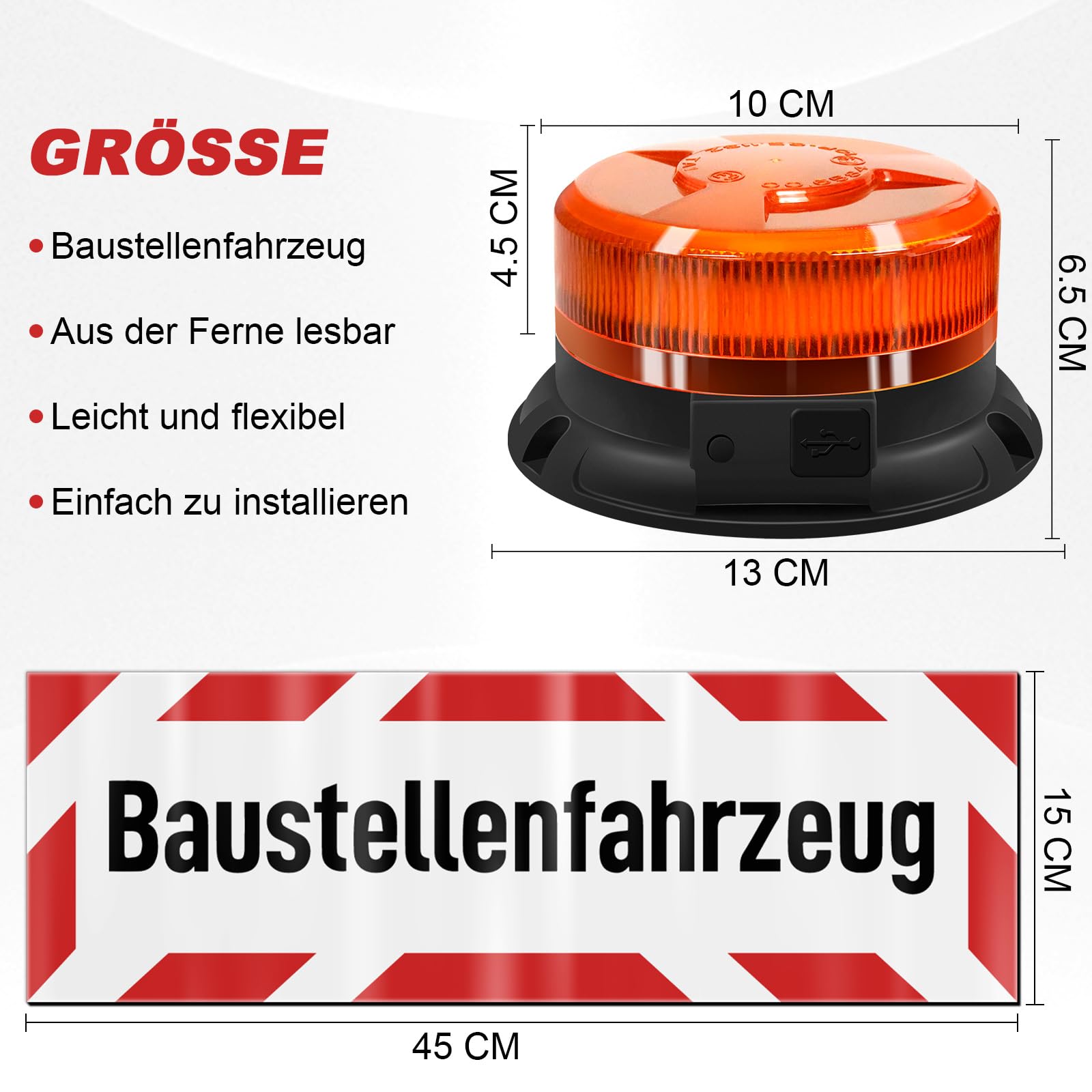 AnTom rundumleuchte akku 12V und Baustellenfahrzeug als Magnetfolie 45 x 15 Warntafel 24V Gelb Warnleuchte led magnet für Baustellenfahrzeug