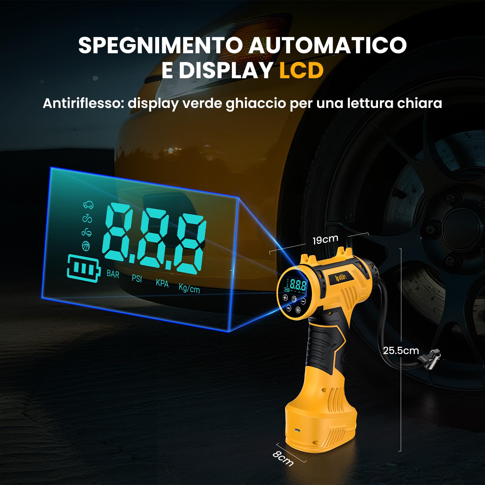Compressore Aria Portatile Senza Fili – 150PSI 22L/Min Gonfiatore Pneumatici per Auto, Batteria Ricaricabile con Spegnimento Automatico, Display LED e 4 Modalità: Auto/Bici/Moto/Palloni
