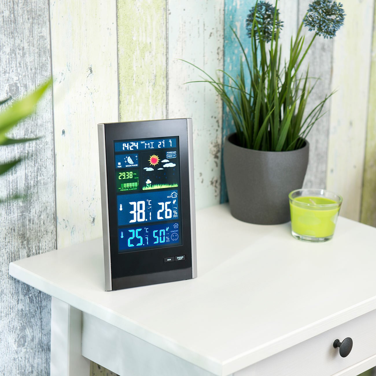 infactory Wetterstation mit Strom: Funk-Wetterstation mit Außensensor, Wecker & USB-Ladeport (2 Ampere) (mit Netzteil, mit Stromanschluss, iPad)
