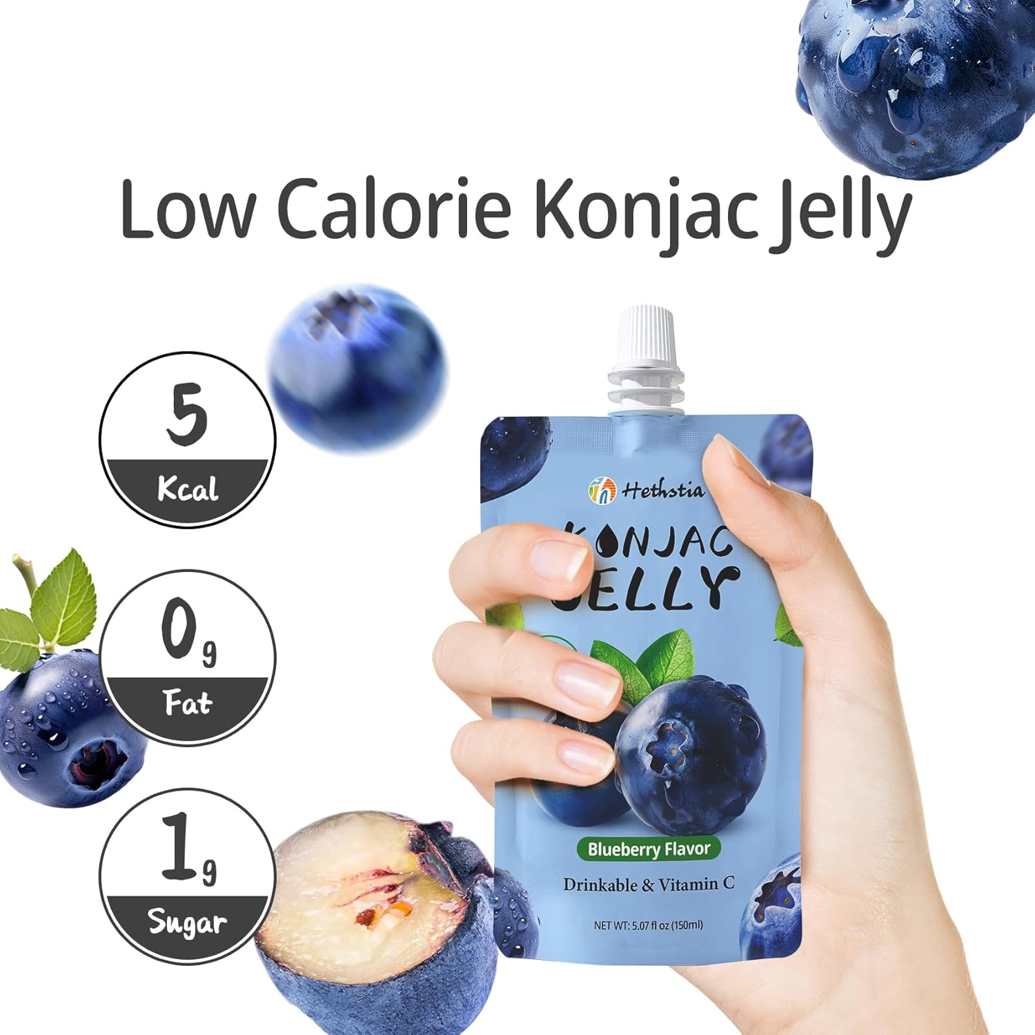 Hethstia Konjac Jelly Blueberry Flavor, 10 Pouches Drinkable Jelly – Low Calorie (5 Kcal), Vegan, Keto, Gluten-Free, Vitamin C Snack, On-the-Go Healthy Fruit Treats