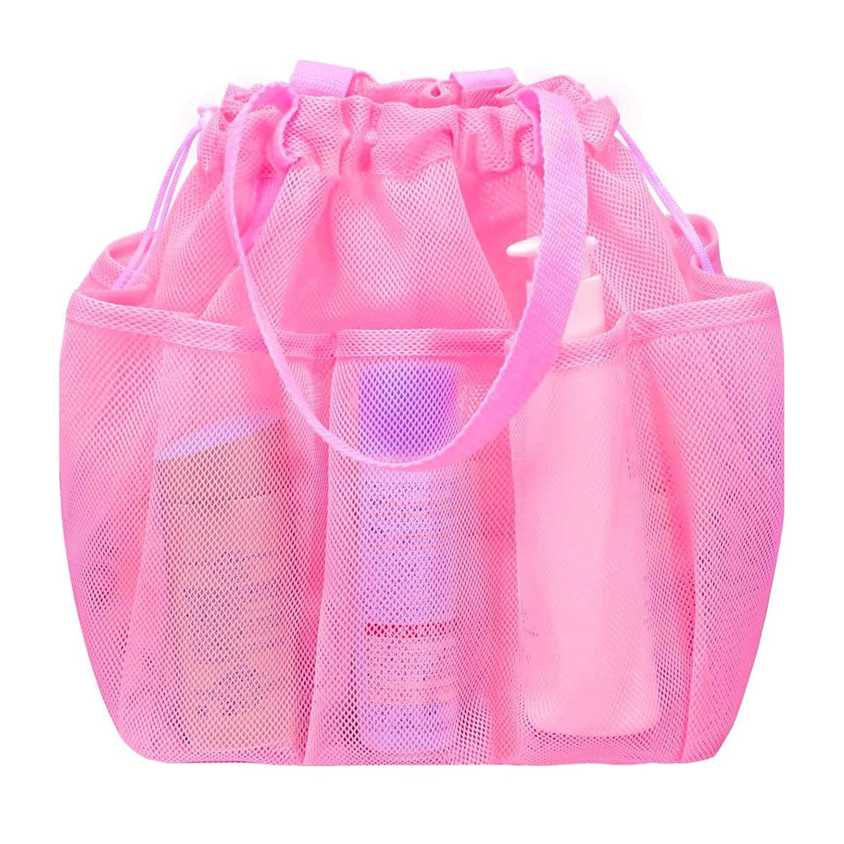 Mesh Shower Caddy Portable Large Capacity Drawstring Shower Bag for College Dorm Gym Sports Essentials Pink