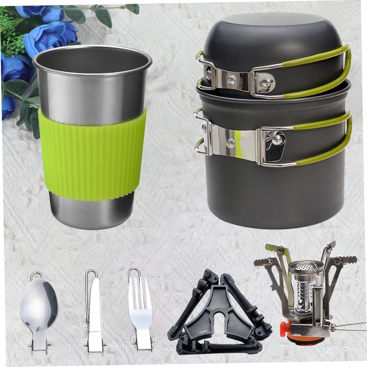 VANZACK Portable Camping Cookware Set Lightweight Outdoor Pot and Cutlery Kit for Hiking Backpacking and Picnics Green Handle for