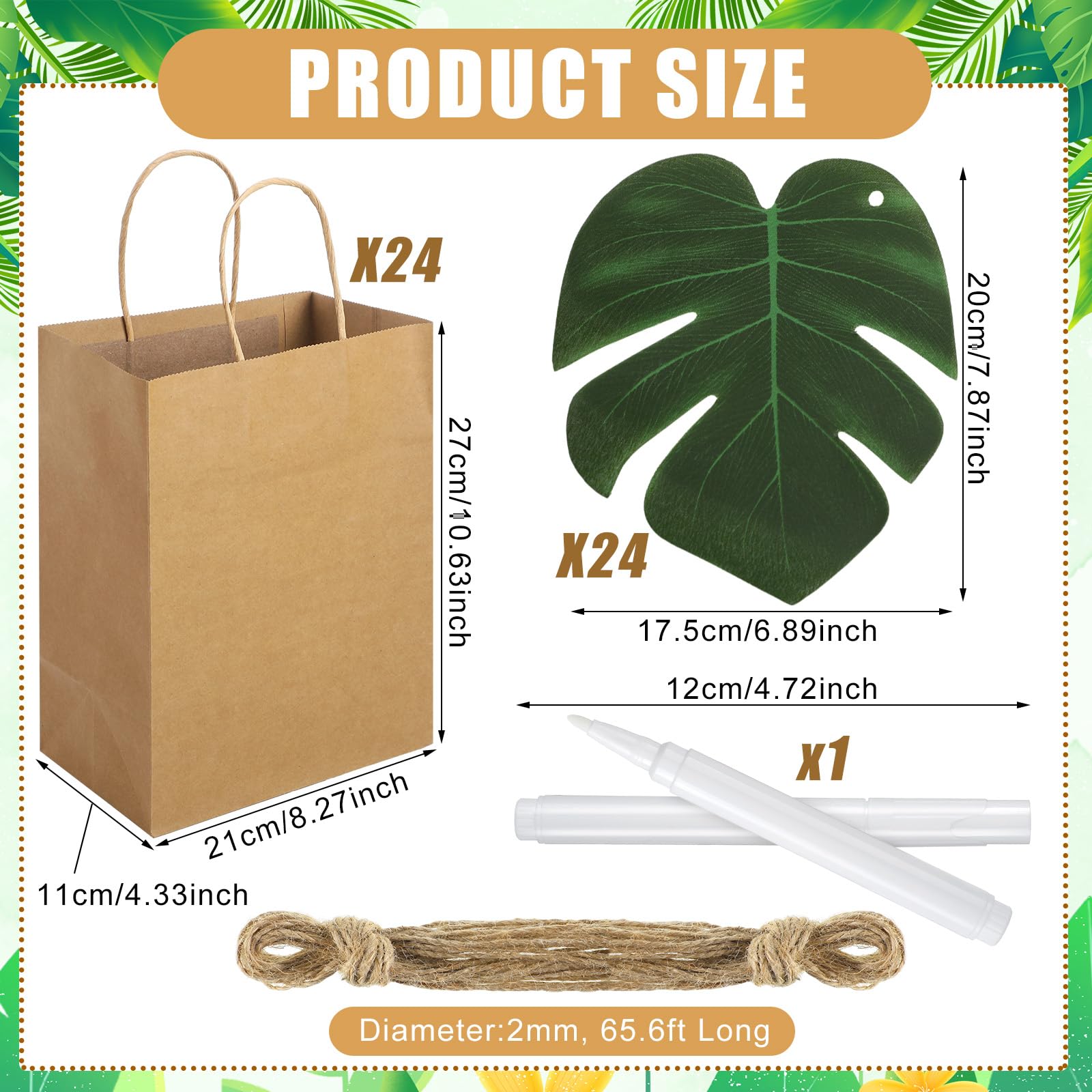 Dinifee 24 Set Hawaiian Aloha Gift Bags Bulk Tropical Luau Bachelorette Goodie Bags with Palm Leaves Monstera Kraft Paper Bridesmaids Beach Party Favors for Summer Hawaiian Wedding