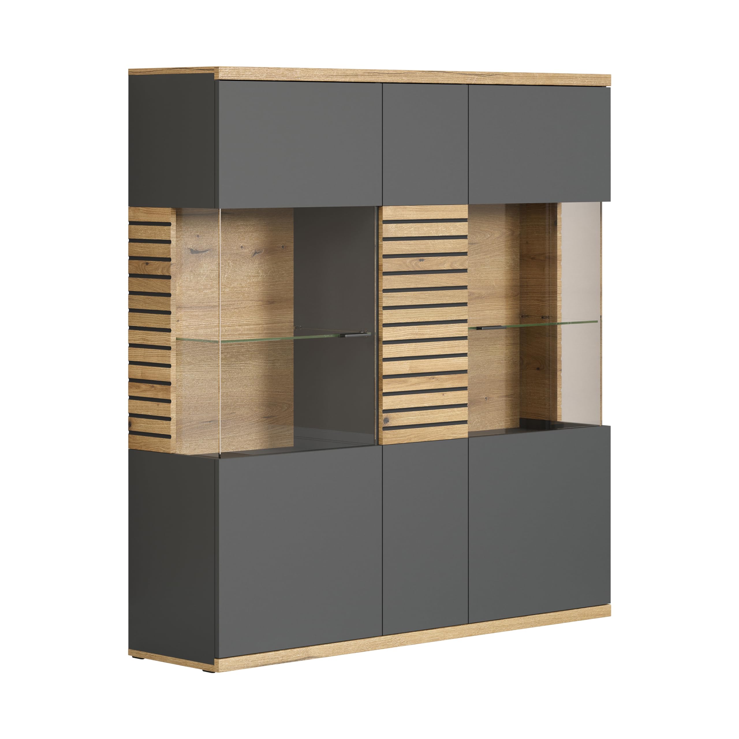 trendteam smart living - Norris - Vitrine - Anthrazit/Evoke Eiche - Highboard mit 15 Fächern - (BxHxT) 131 x 147 x 38 cm - Soft-Close-Türen und Vollauszug-Schubladen - kratzfest