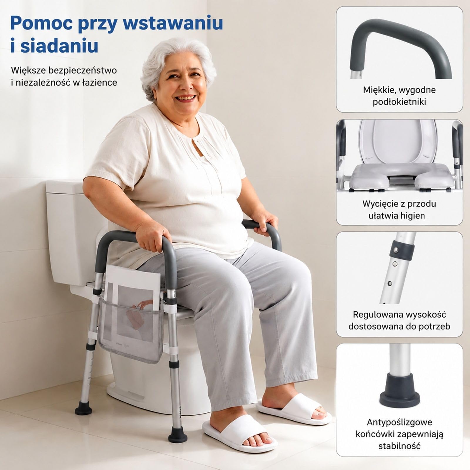 Regulowana podwyższona nakładka sedesowa z podłokietnikami, czterema nogami, miękko wyściełanym siedziskiem i ramą ze stopu aluminium