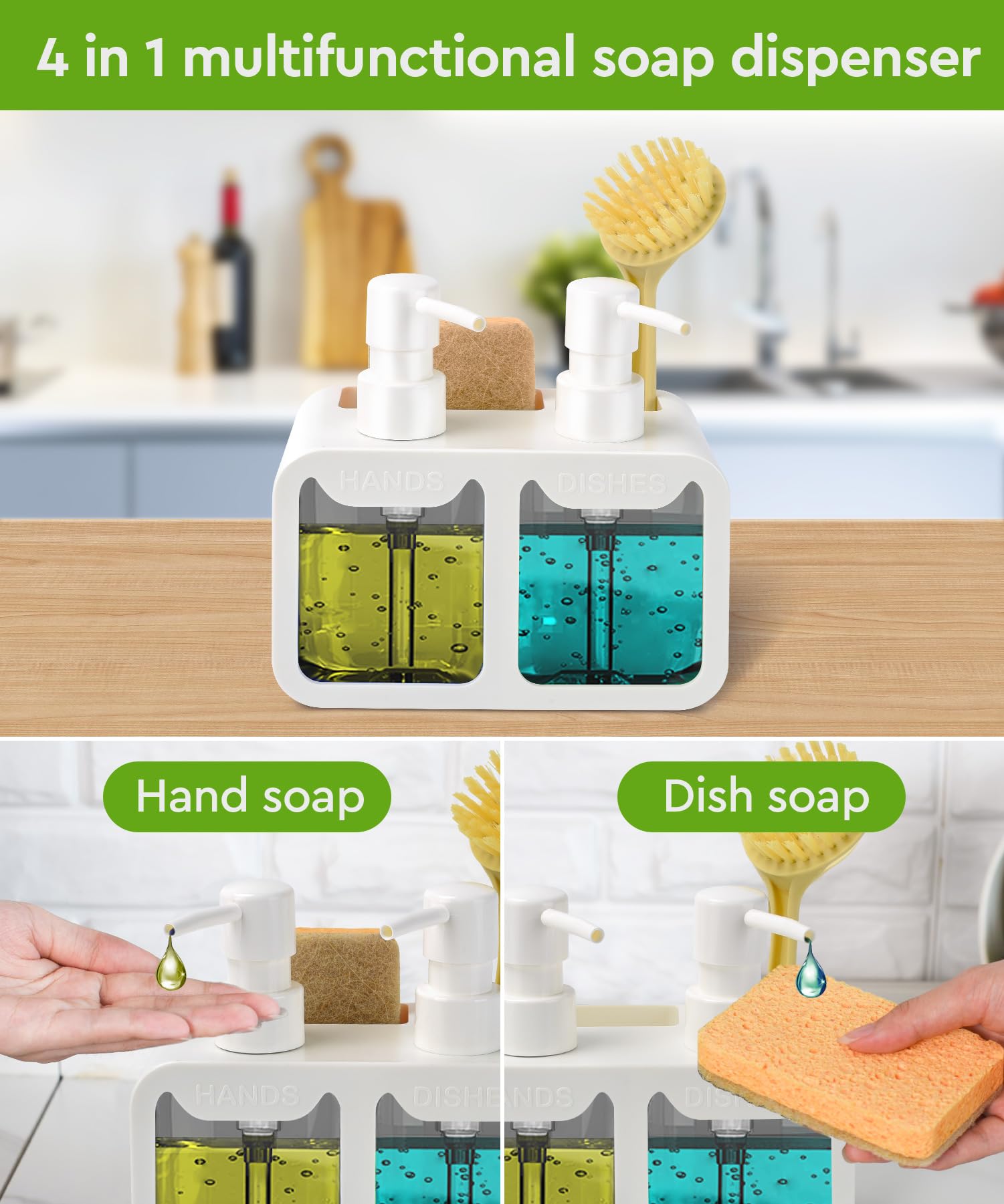 Set di erogatore di sapone per mani e detersivo per piatti, doppio erogatore con porta spugna e spazzola, erogatore di sapone 4 in 1 da appoggio per lavello della cucina, utili gadget da cucina