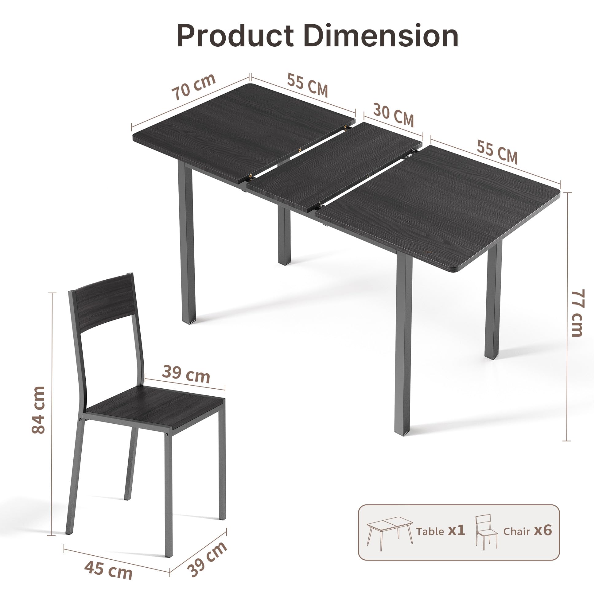 Xbro Conjunto Mesa y Sillas 6 Personas Extensible, Mesa Comedor con 6 Sillas, Ahorro de Espacio, Estructura Metálica Estable, Fácil de Montar, Cocina Comedor 110–140 cm
