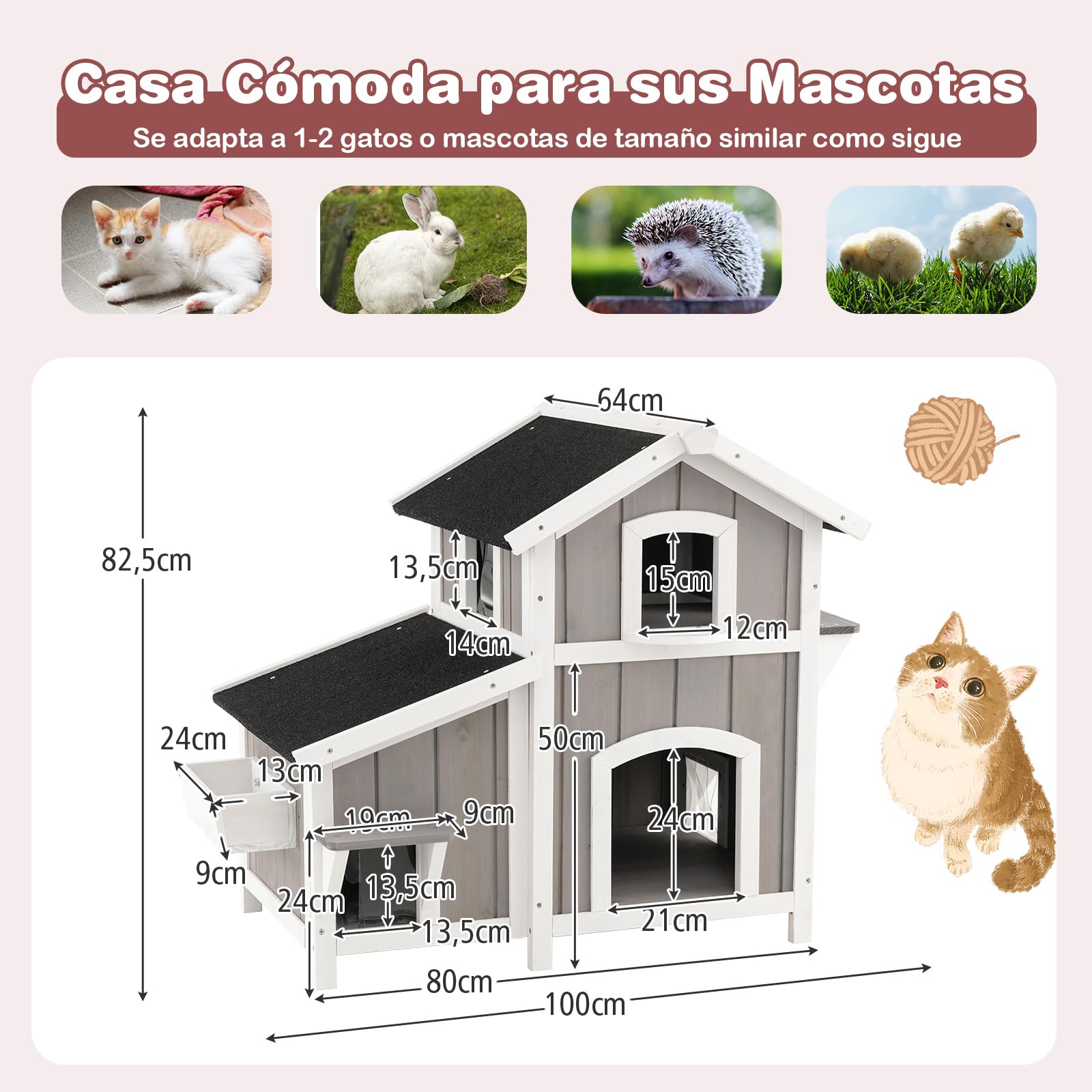 GOPLUS Casa para Gatos de 2 Niveles con Techo de Asfalto, Puertas de Escape, Plataforma, Cortinas de PVC para Interior y Exterior