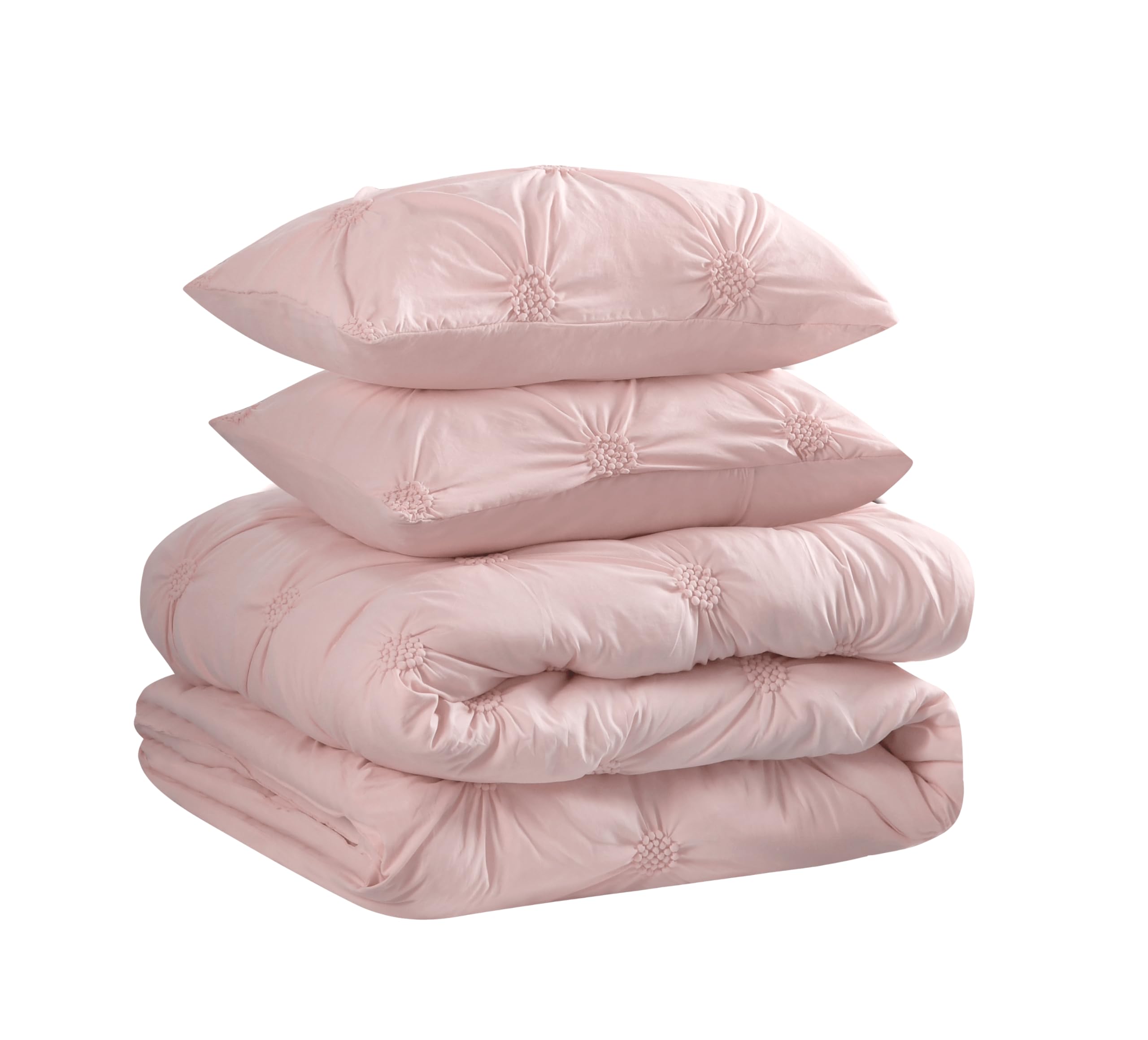 Swift Home Full/Queen Baby Pink Rose Blush Comforter Set - Ruched 3D Floral Pintuck Bedding Set - 3 Pieces Bed Linen, 1 Comforter and 2 Pillow Shams