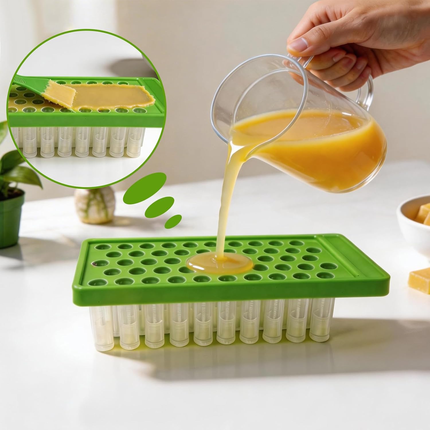 Lip Balm Filling Tray with Spatula, Holder for 50 Standard 0.15 oz (5.5ml) Lip Balm Tubes, 15mm Lipstick Tube Filling Mold for DIY Lip Balm, Salve and Cosmetic Making Tool,Light Green image 4