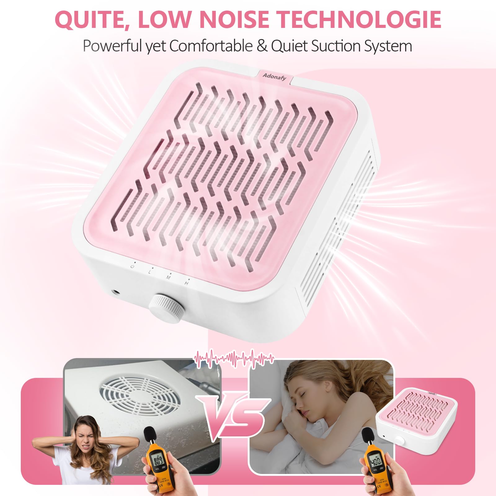 Aspiratore Unghie Professionale 120W Basso Rumore Aspirapolvere per Unghie Regolabile con Filtro Rosa