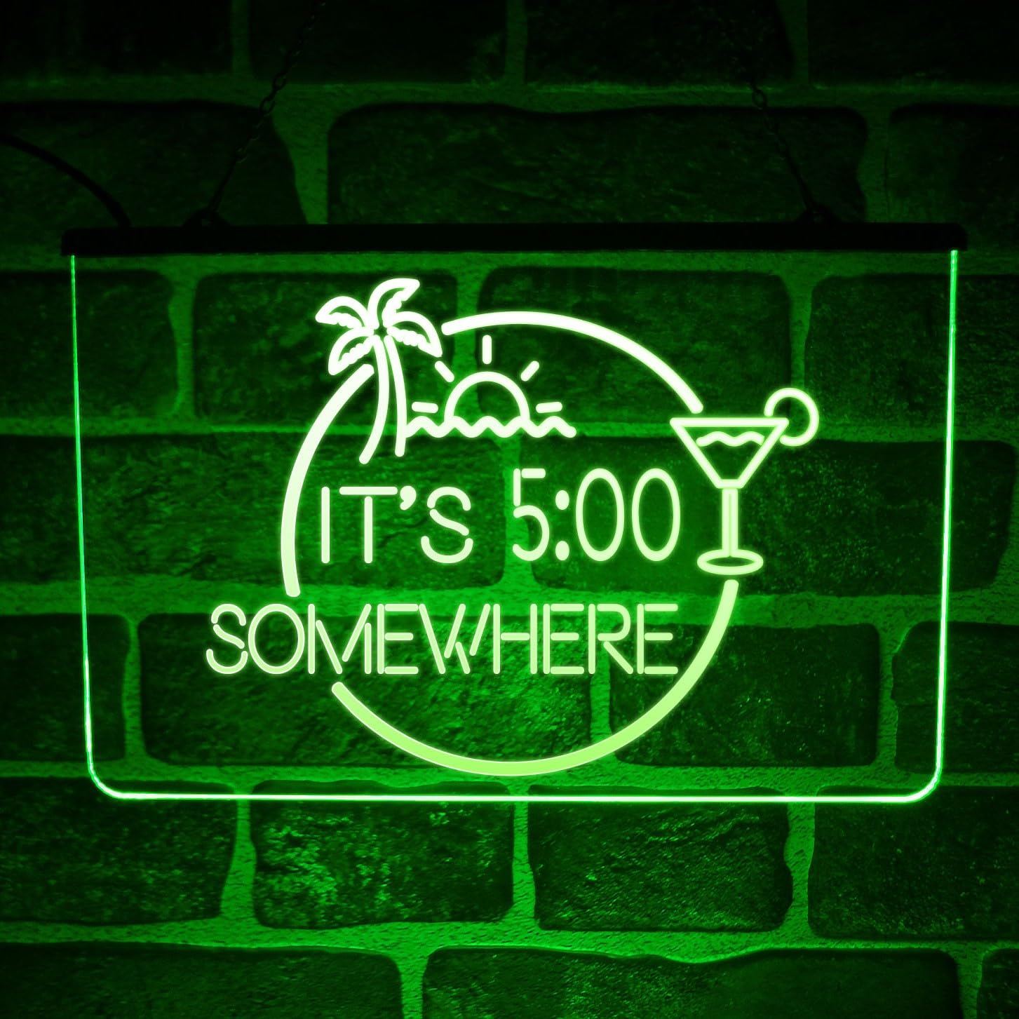 Home Bar LED Neon Sign – Multicolour It's 5pm Somewhere Wall Light Display for Cocktail Party or Pub Décor – USB powered (Green)