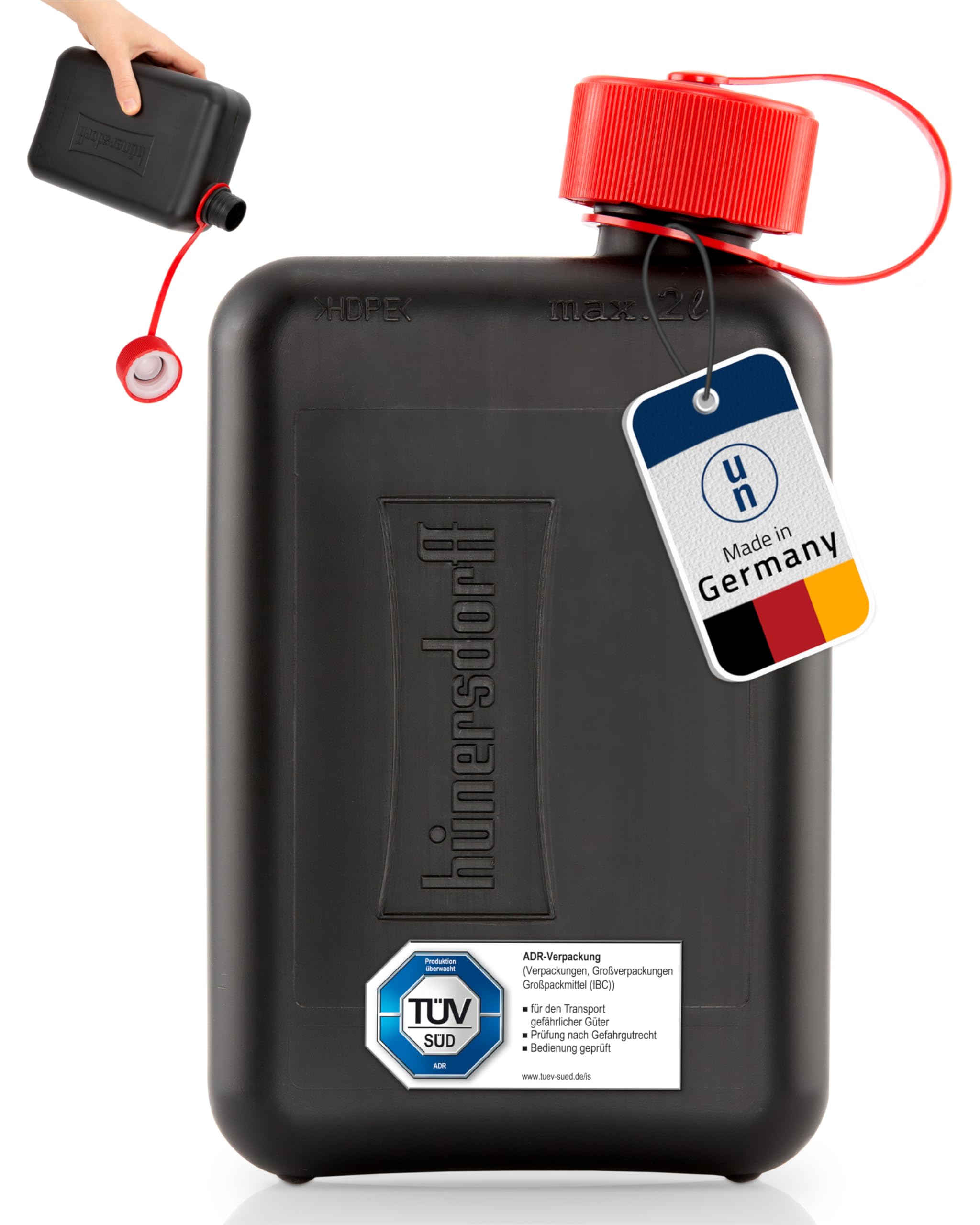 hünersdorff Bidon de carburant standard de 2 l pour petites voitures et véhicules hybrides, HD-PE, fabriqué en Allemagne, production certifiée TÜV, noir
