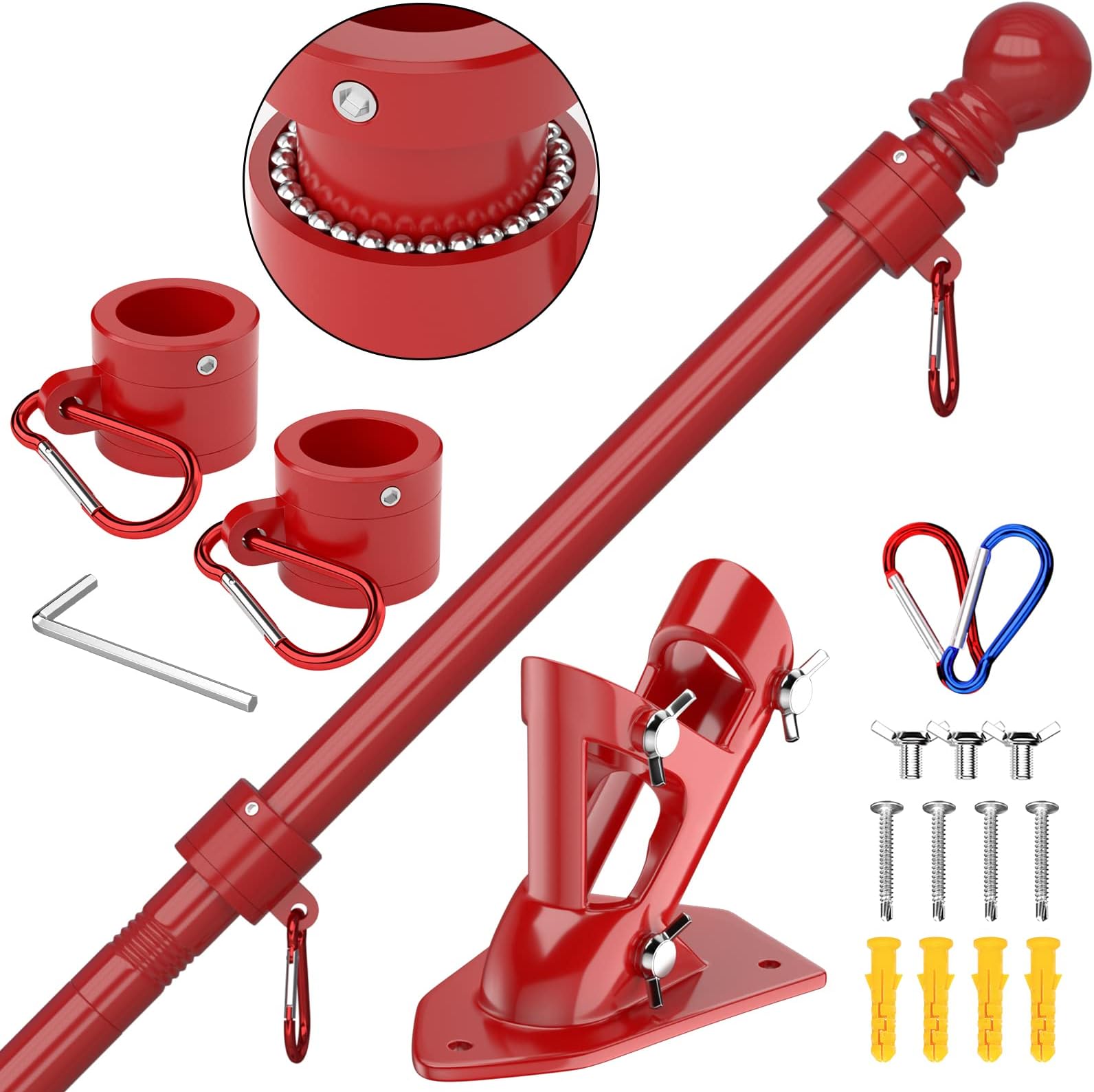 ZMTECH Flag Pole - Upgraded Bracket, 6 FT Stainless Steel Flag Poles for Outside House, Residential or Commerical, Tangle Free Flag Pole Kit for American Flag (Without Flag, Red)
