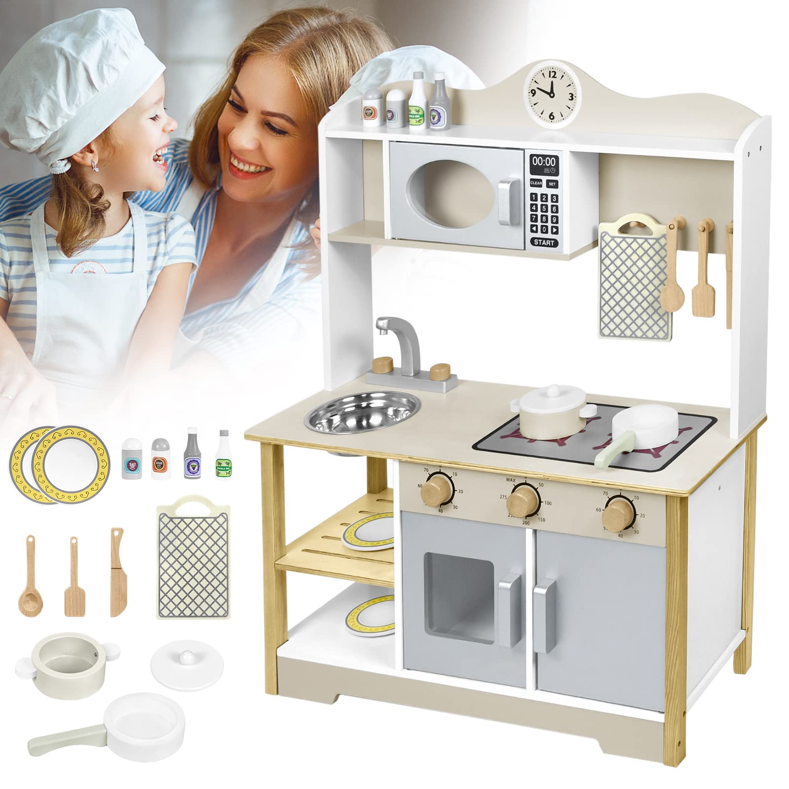 Spielküche Matschküche Holz Kinderküche, Küchenspielzeug für Kinder Küchenset mit Komplett Zubehör, 65x24x85cm (Typ A)
