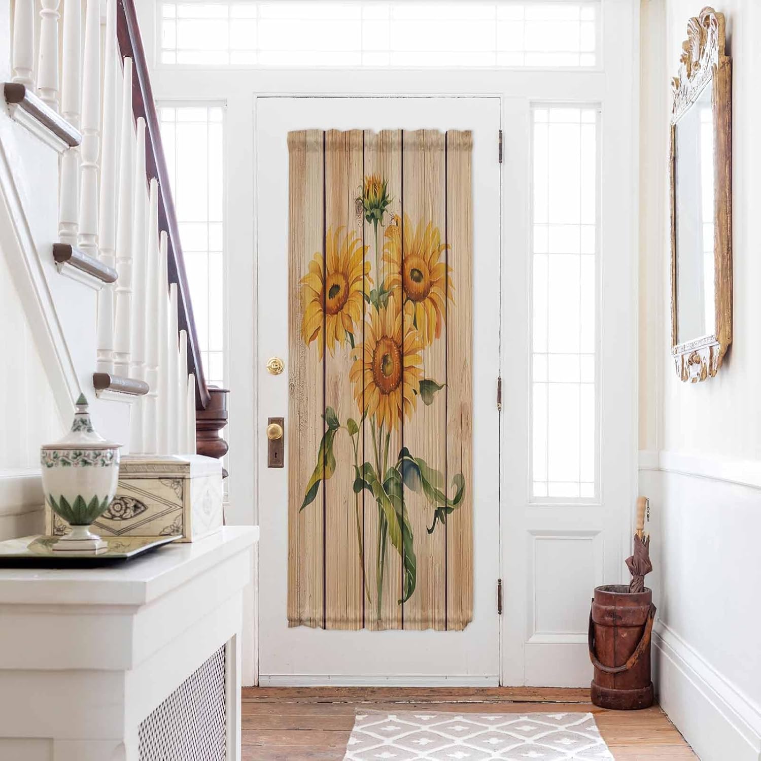 Sunflower Door Curtains 54x72 Inches, Rustic Wooden Board French Door Curtain Light Filtering Flowers Sidelight Curtains for Patio Door/Sliding Door/Outdoor