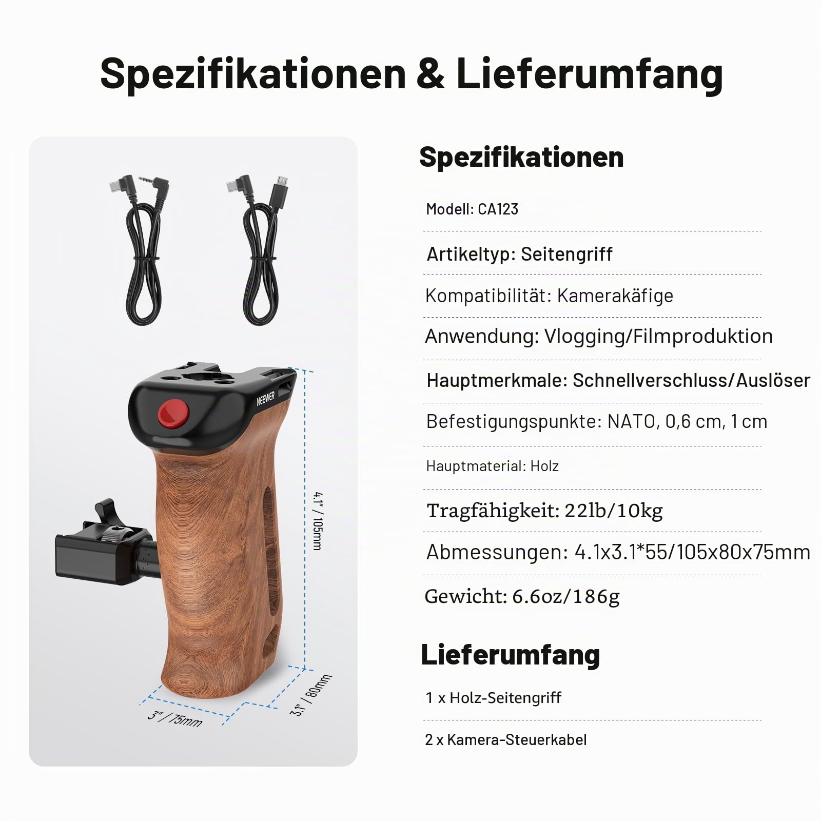NEEWER Side Handle Holz Seitengriff mit Fernauslöser für Aufnahme Start/Stopp, NATO Klemme 1/4" und 3/8" Gewinde vertikale Einstellung Kompatibel mit SmallRig Camera Cage Sony Fujifilm Panasonic CA123