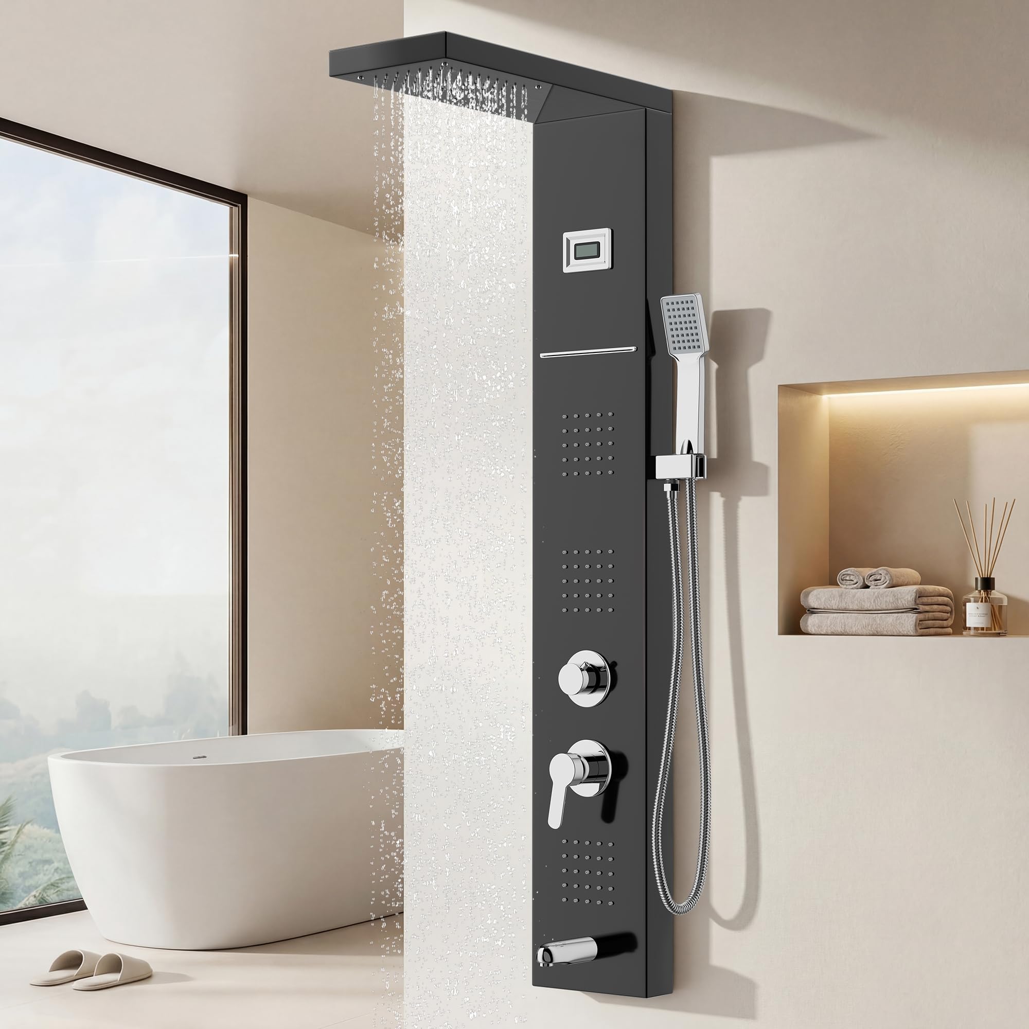 Columna de Ducha Hidromasaje STANEW,Pantalla LED Temperatura, Grifo de 5 Funciones, lluvia, Cascada, Masaje, Boquilla de Bañera y Cabezal de Ducha con Manguera, Acero Inoxidable Cepillado (Negro)