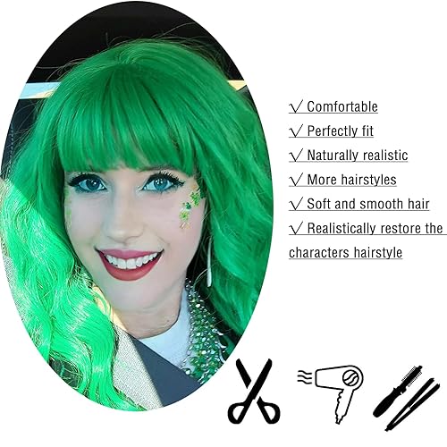 Miniatura 4 de LABEAUTÉ Peluca verde corta ondulada con flequillo de aire para mujer, peluca del día de San Patricio, resistente al calor, longitud del hombro,