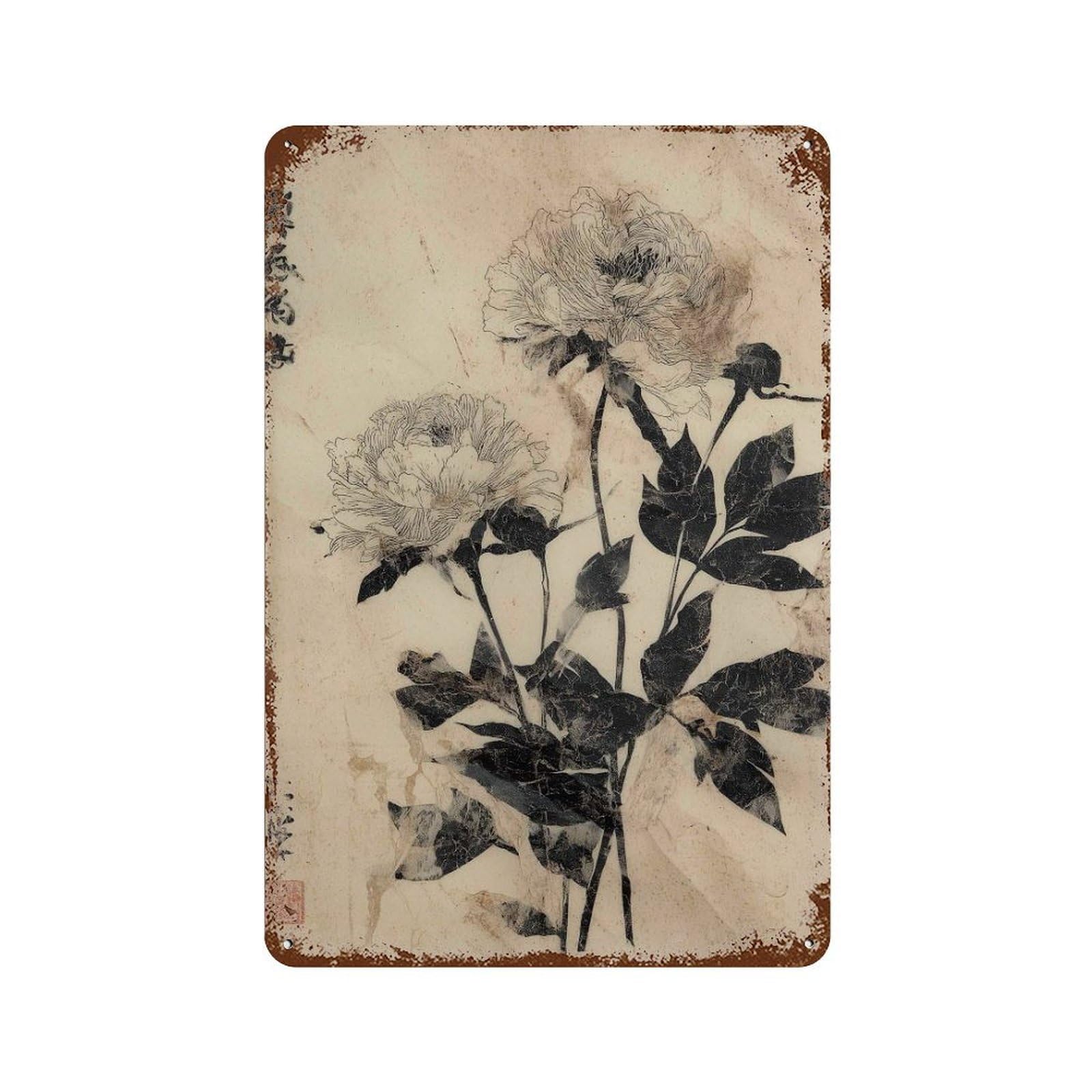 xiaoxiaoshen Chinese Floral Ink Peony Botanical Minimalist Asian Flower Wabi Sabi Ukiyo Wall Decor Art Metal Tin Poster Modern Home Decor Art Home Bar Shop Decorations Vintage Sign 30x20cm