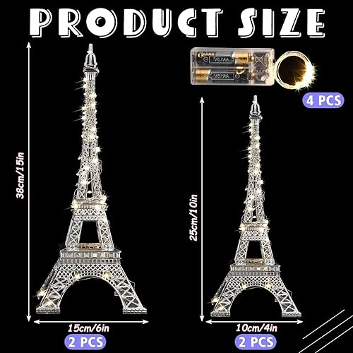 Miniatura 2 de 4 piezas de decoración de estatua de la Torre Eiffel de 15 pulgadas y 10 pulgadas, figuras coleccionables de metal con temática de París con 2