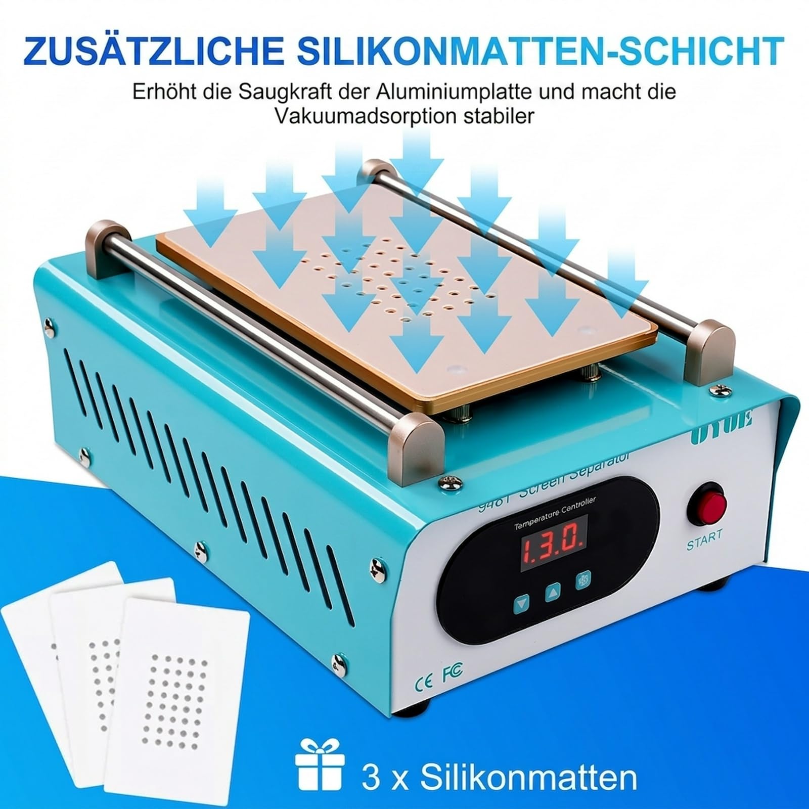 Handy Screen Separator Heizplatte Handy Reparatur LCD hot Screen Separator Handy heizplatte Screen bildschirmabscheider hot Screen Splitter mit 3 Silikonpads blau UYUE948T AC 220V.