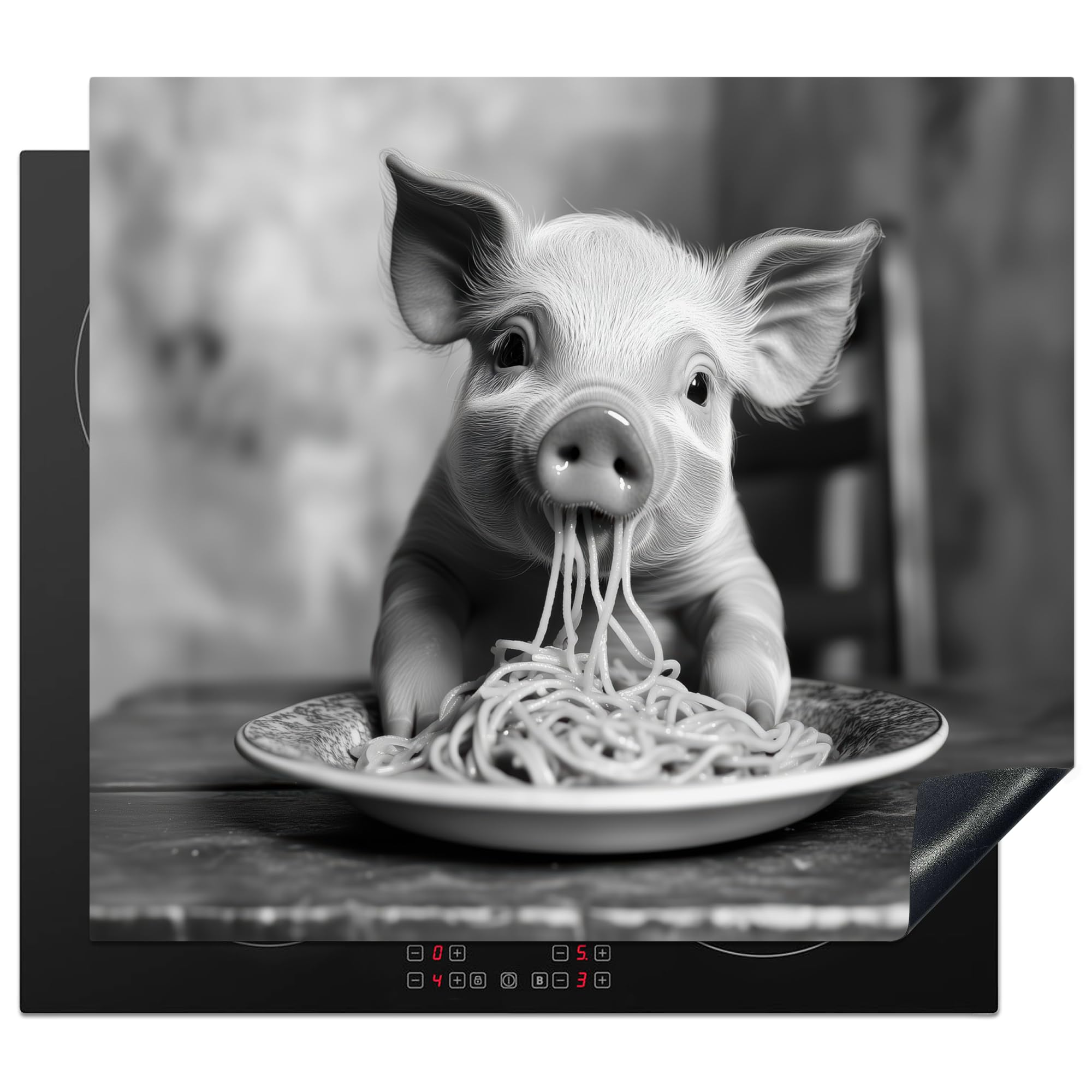 KitchenYeah© Induction Hob Cover Protector Mat 20.5"x23.2" / 59x52 cm Kitchen Universal Ceramic Covers for Electric Cookers Vinyl Pig - Spaghetti - Black and White - Animal