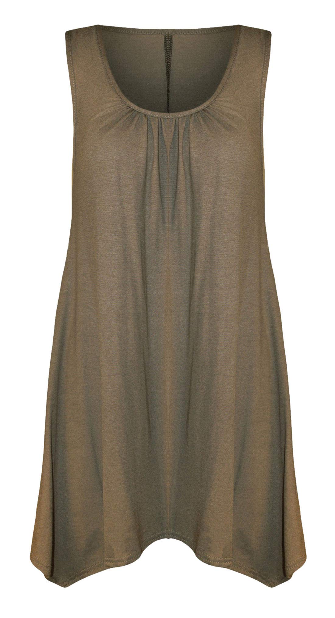 Real Life Fashion Ltd Women's Mocha Sleeveless Hanky Hem Top Plain Gathered Top Scoop Neck Tunic Shirt Flared Vest Top