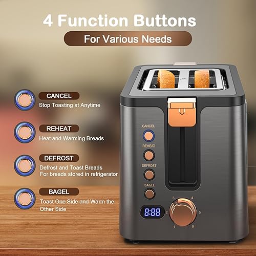 Miniatura 5 de Mecity Tostadora de 2 rebanadas de acero inoxidable con temporizador, funciones de bageldescongelaciónrecalentamientocancelación, rejilla