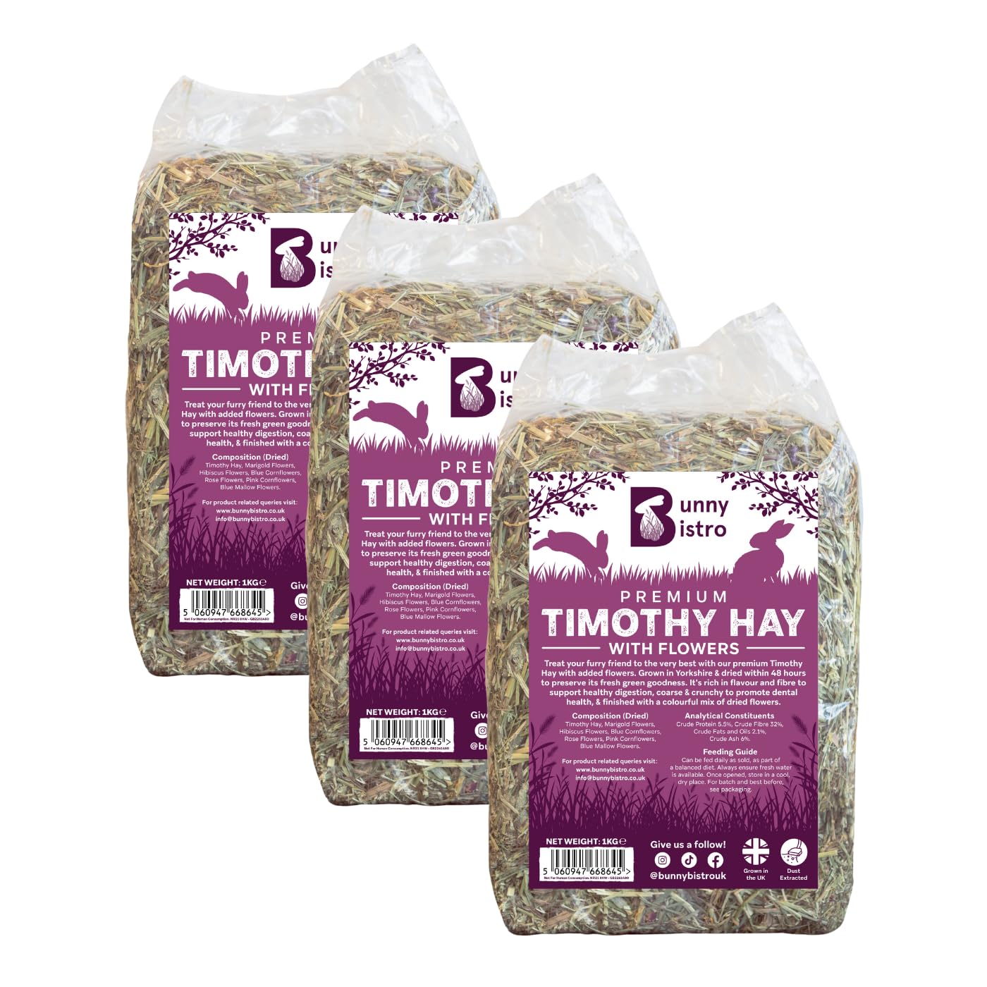 Bunny Bistro Premium Timothy Hay 1st Cut with Flowers 3kg | Natural UK Grown Hay for Rabbits, Guinea Pigs & Small Pets, High in Fibre, Dental Care, Dust Extracted, Grown in Yorkshire