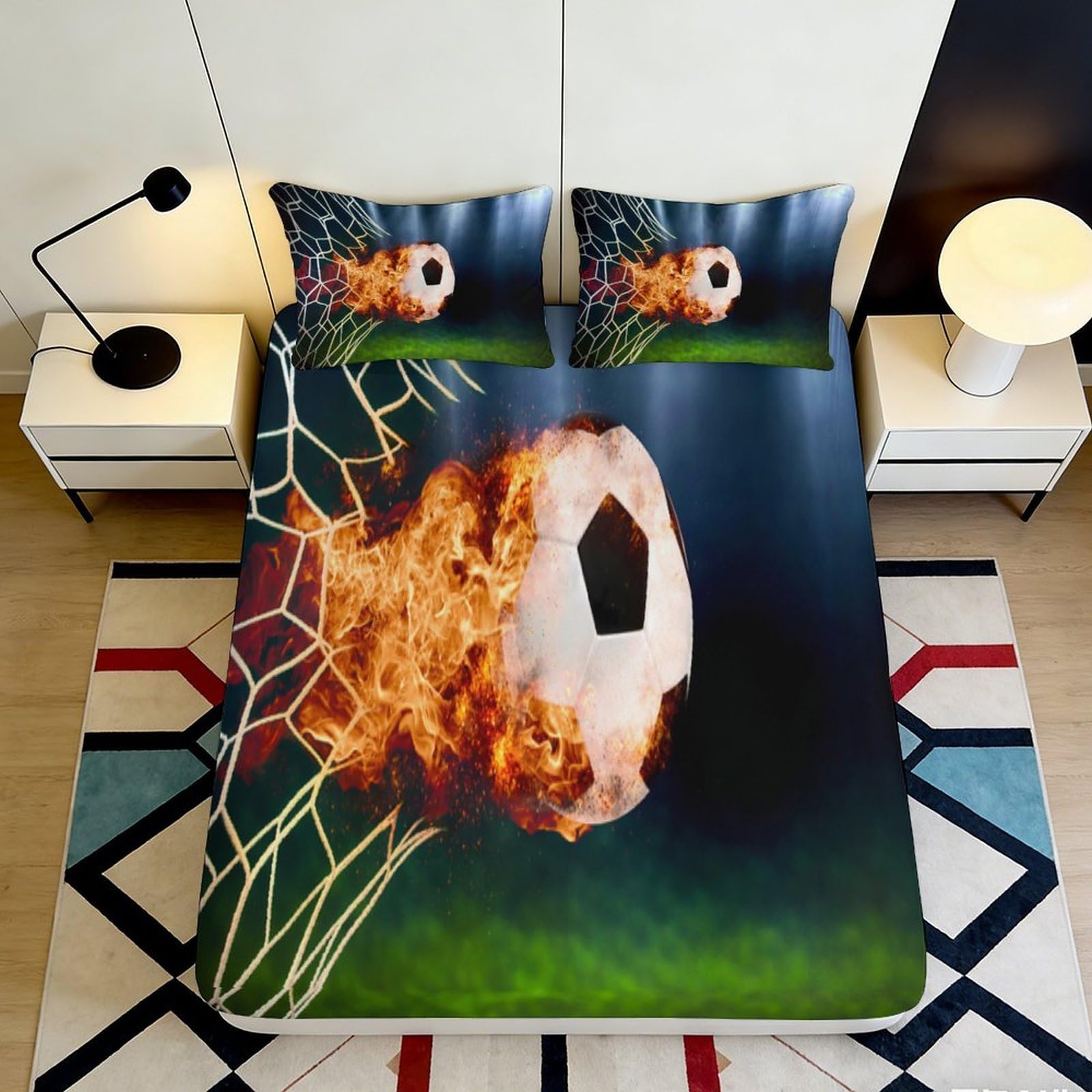 3D Printed Flaming Soccer Fitted Sheet Microfiber Soft Breathable Fireball Bed Cover for Bedroom Dorm Decor Protection 90x200x25cm