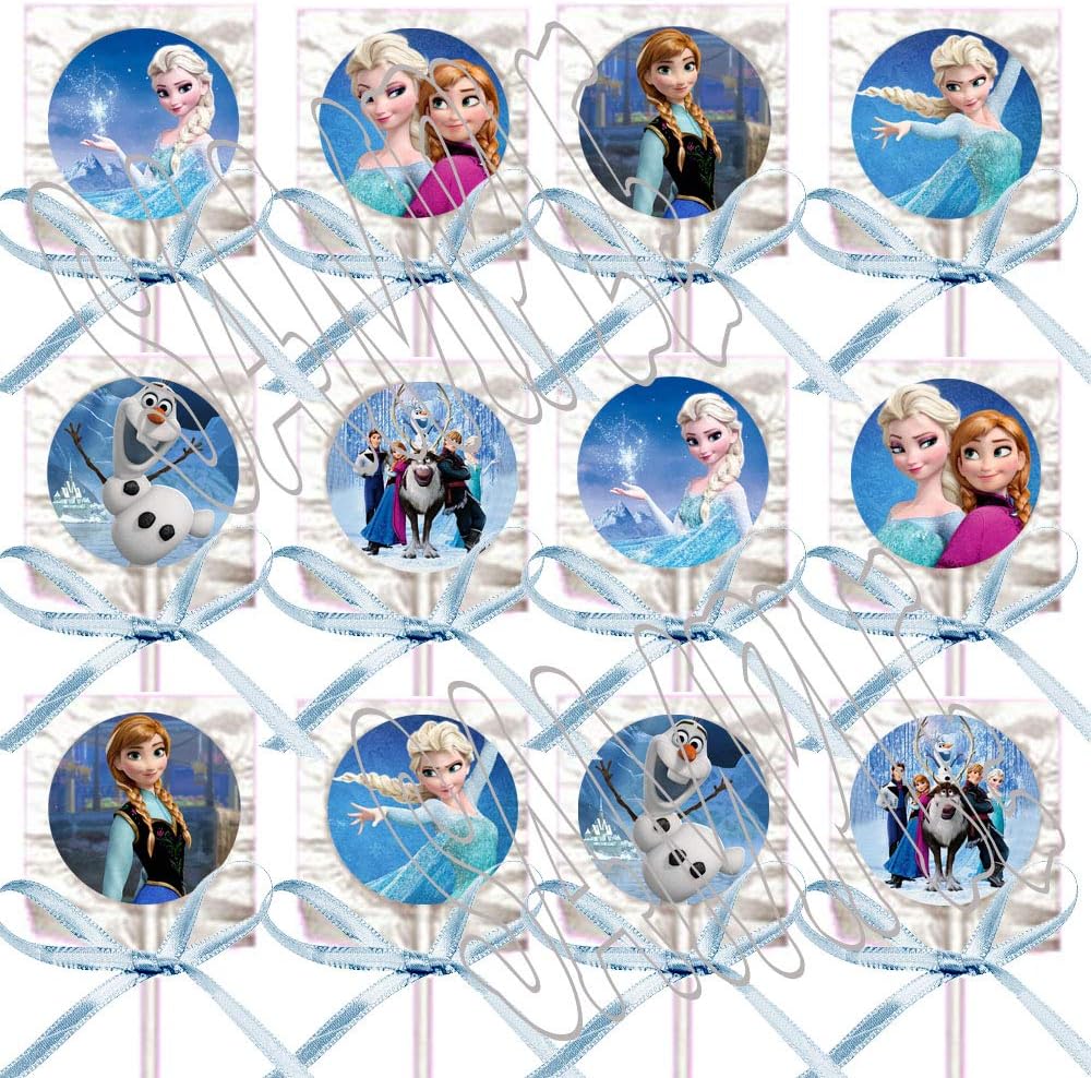 Frozen Lollipops Party Favors Supplies Decorations Movie Lollipops w/ Light Blue Ribbon Bows -12 pcs Sisters Elsa Anna Hans Olaf Kristoff
