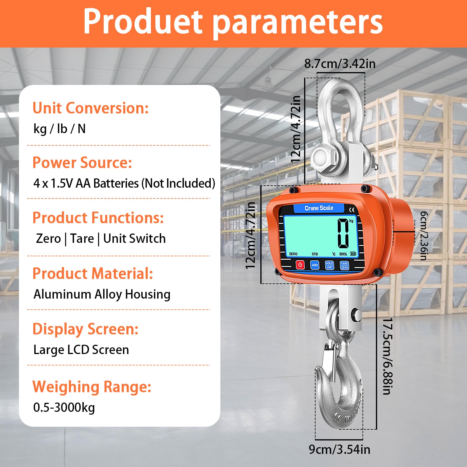 Balanza colgante digital 3000kg 6000 lb, con mando a distancia, sensor preciso, pantalla LCD grande, temperatura y humedad ambiente, unidades kg lb N, ideal para caza construcción granja fábrica