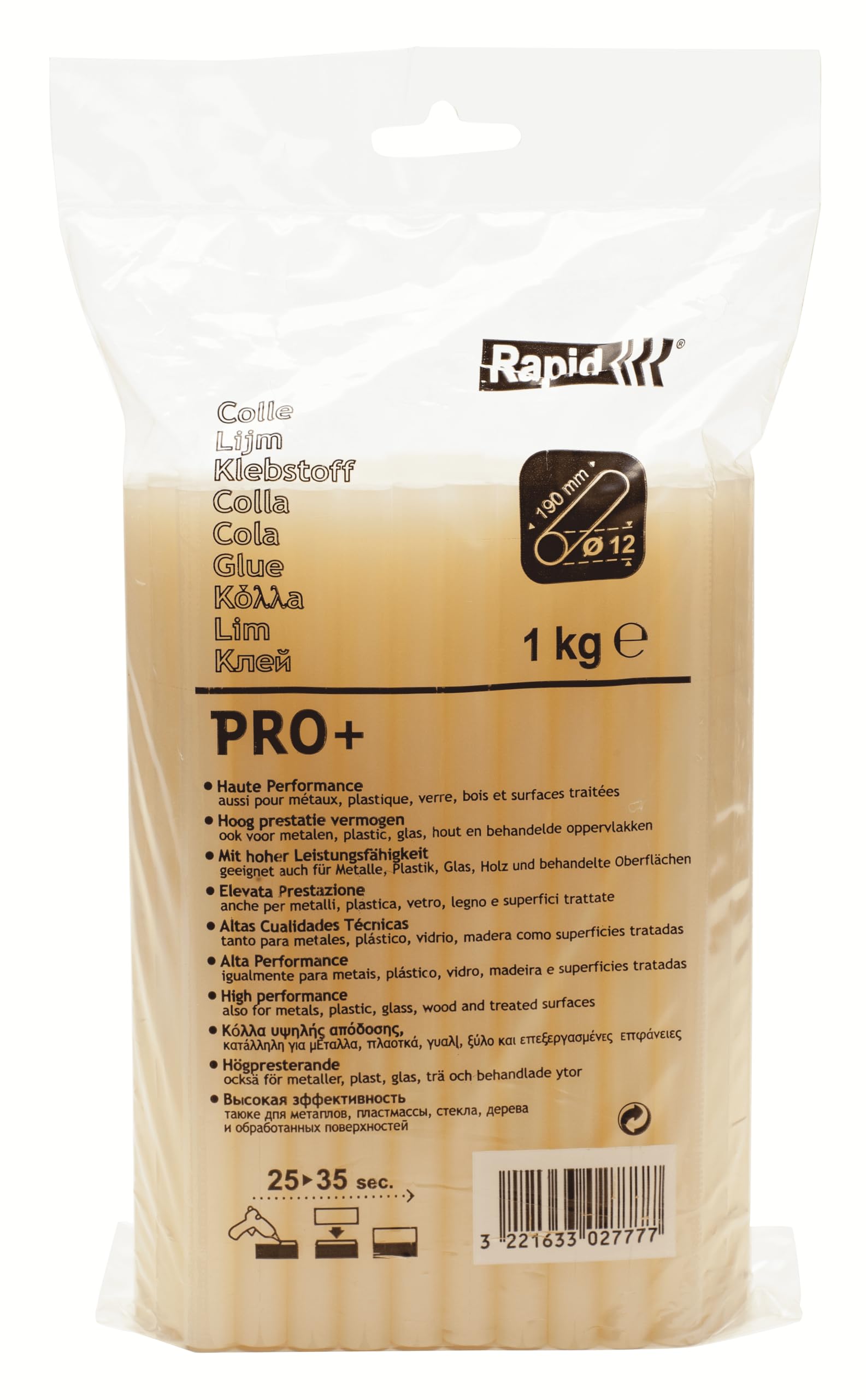 RAPID 40302777, Bâtons de Colle thermofusible, Pro+, Jaune, ø 12 mm, Longueur 190 mm, 1 kg