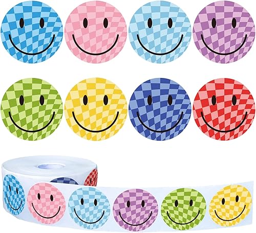 Whaline 1000 calcomanías de cara sonriente a cuadros, rollo de cara feliz, calcomanías coloridas redondas de etiquetas adhesivas de recompensa para
