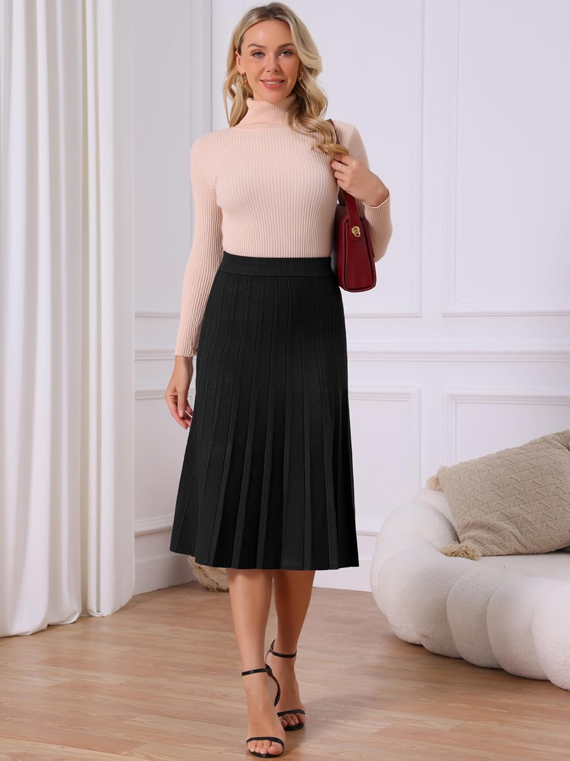 Seta T Women's Pleated Skirts High Waist Stretchy A Line Ribbed Knit Sweater Midi Skirt Fall Winter Outfits - Image 4